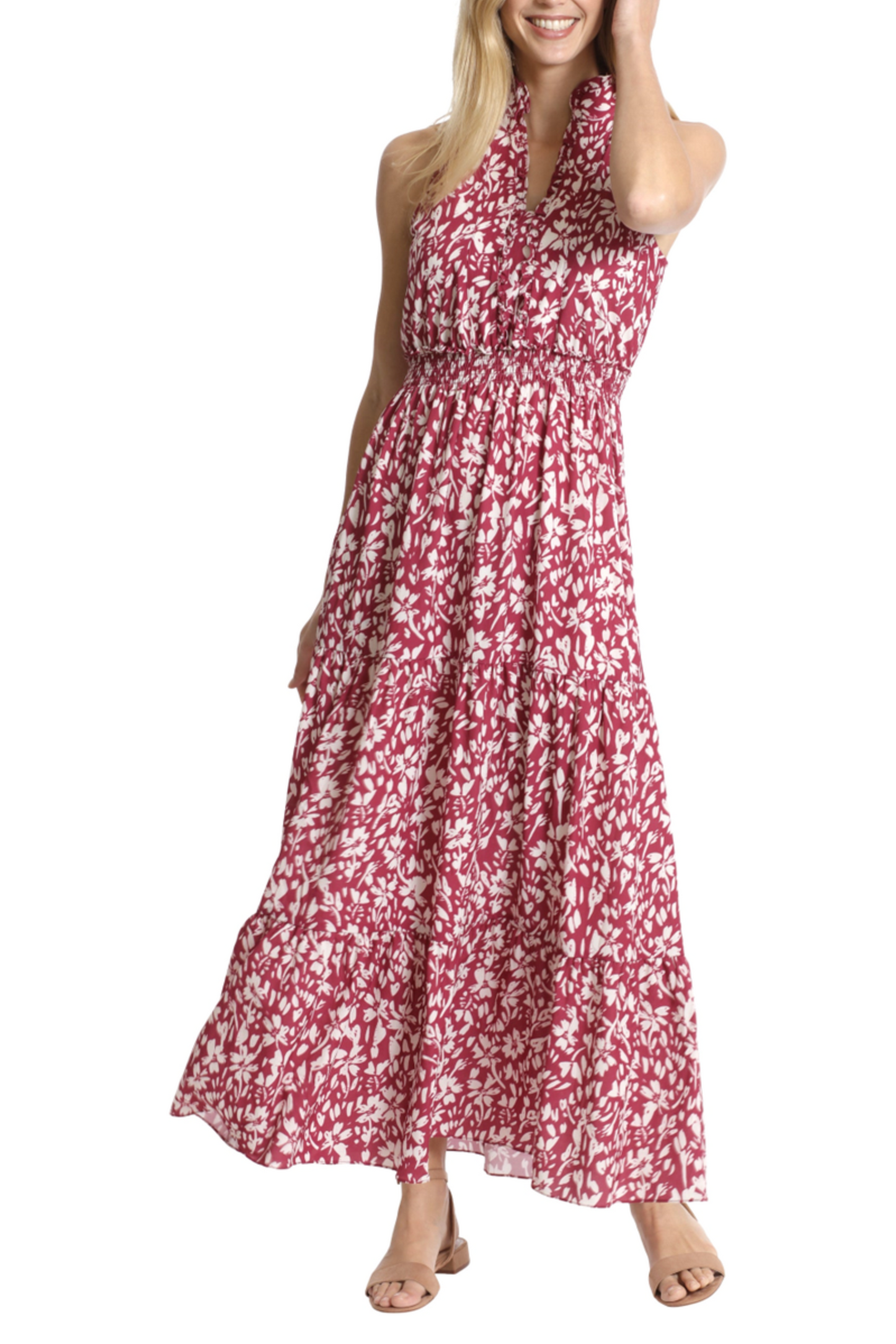 London Times Sleeveless Smocked Waist Maxi Dress