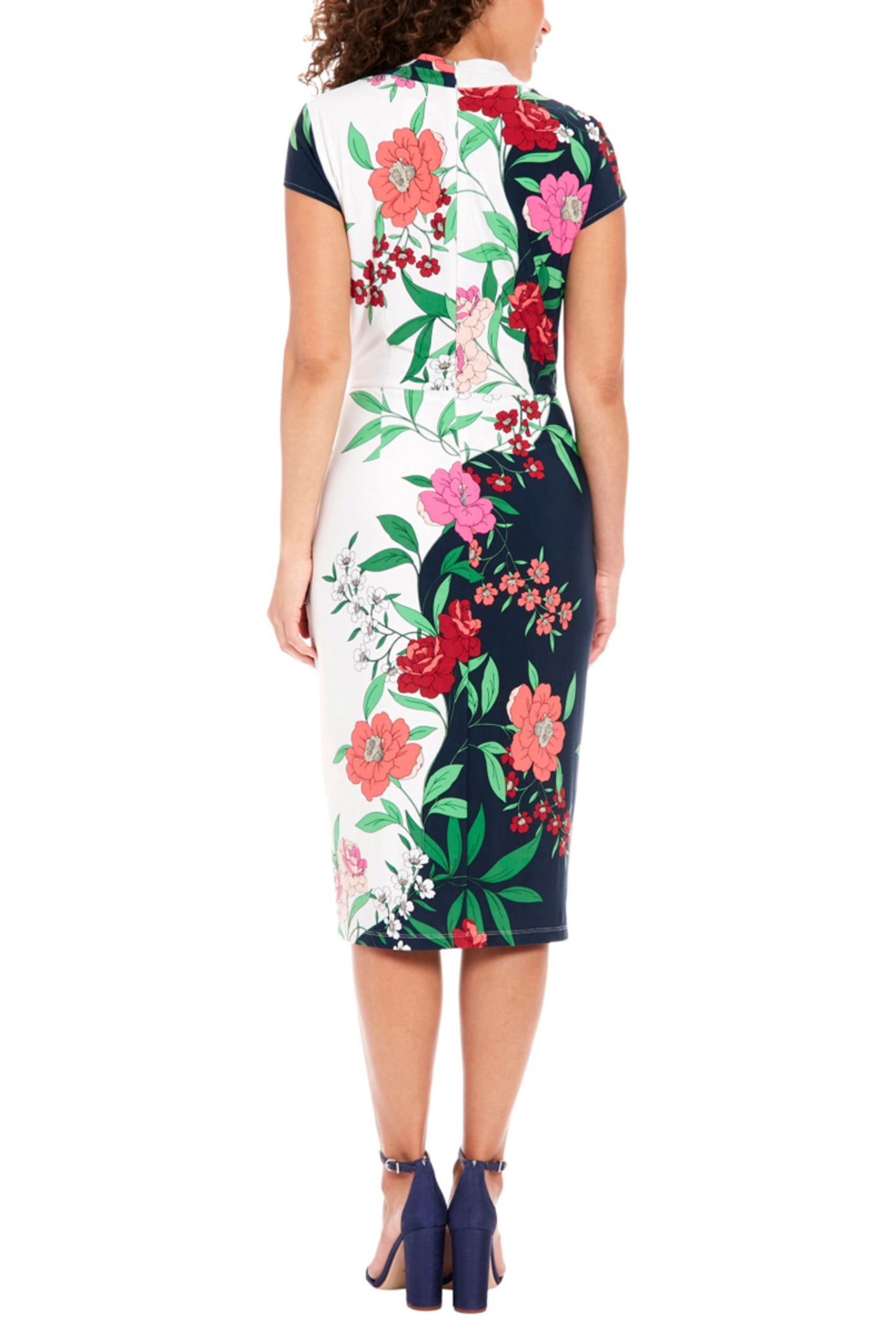 London Times Cap Sleeve Floral V-Neck Midi Dress