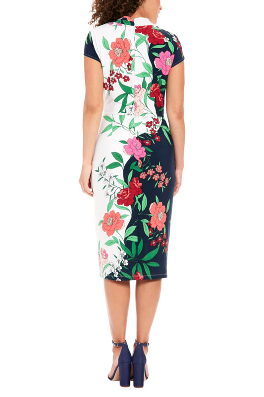 London Times Cap Sleeve Floral V-Neck Midi Dress