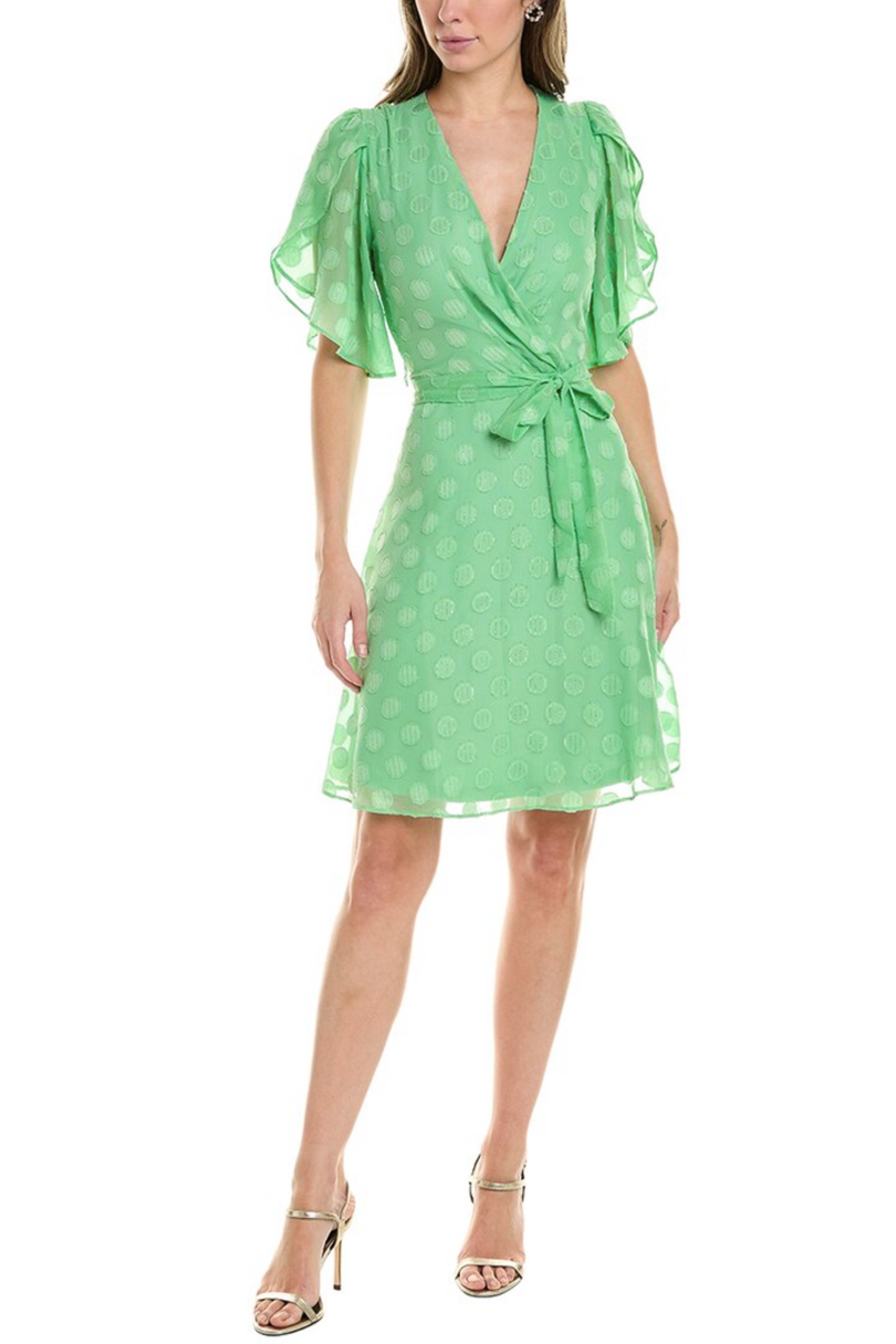 London Times Metallic Faux-Wrap Short Sleeve Dress