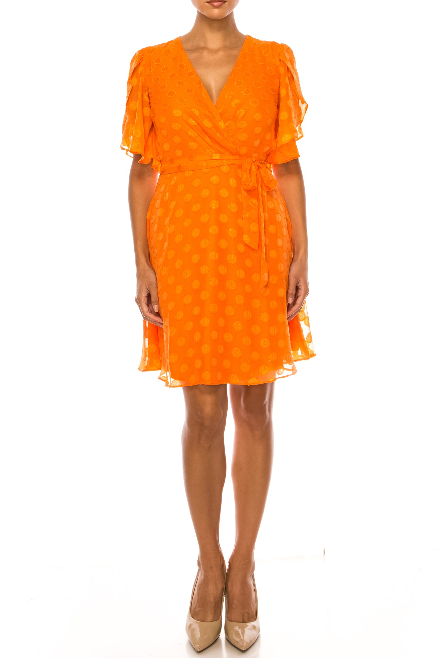 London Times Dotted Flutter Sleeve Faux Wrap Dress