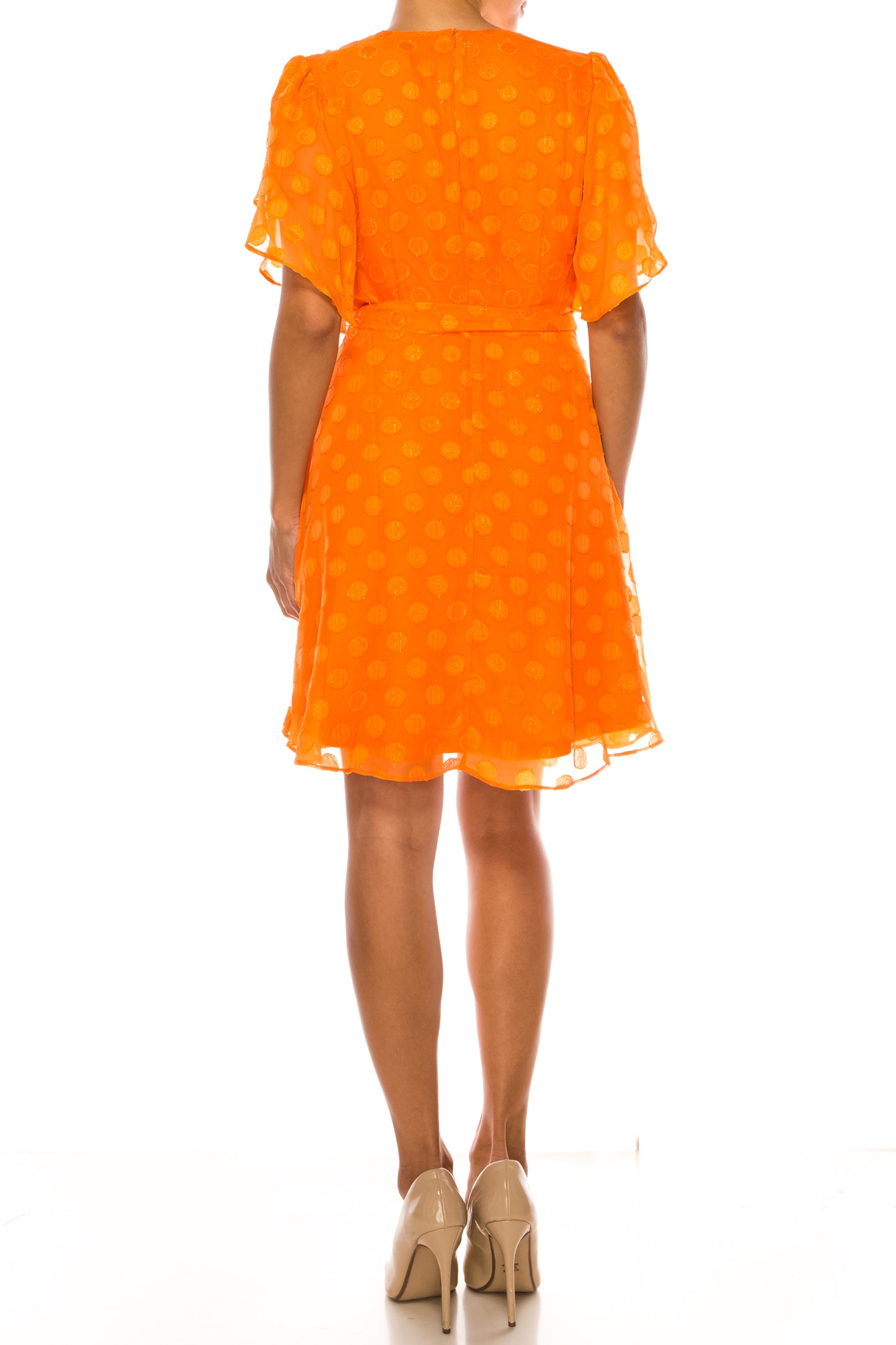 London Times Dotted Flutter Sleeve Faux Wrap Dress