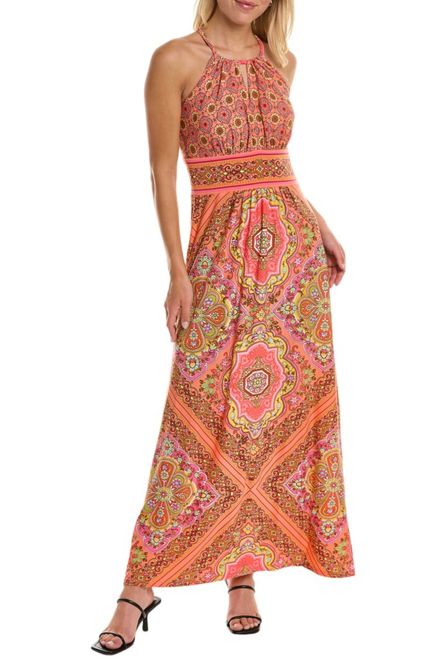 London Times Medallion Floral Halter Maxi Dress