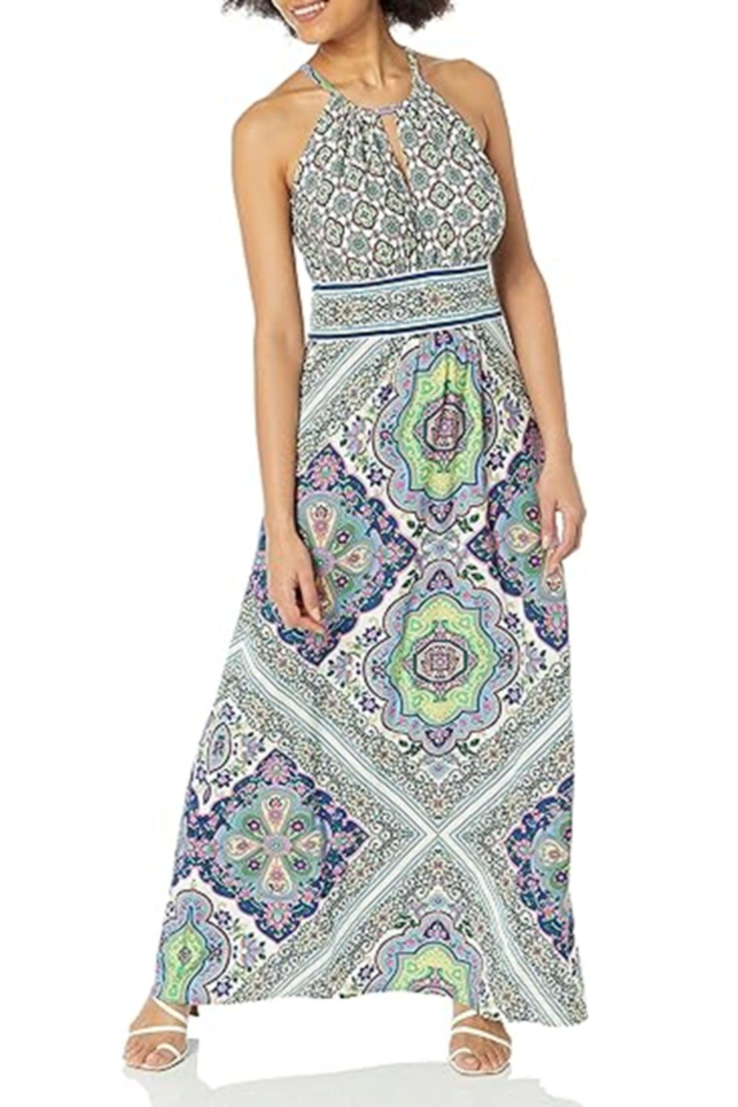 London Times Medallion Floral Halter Maxi Dress