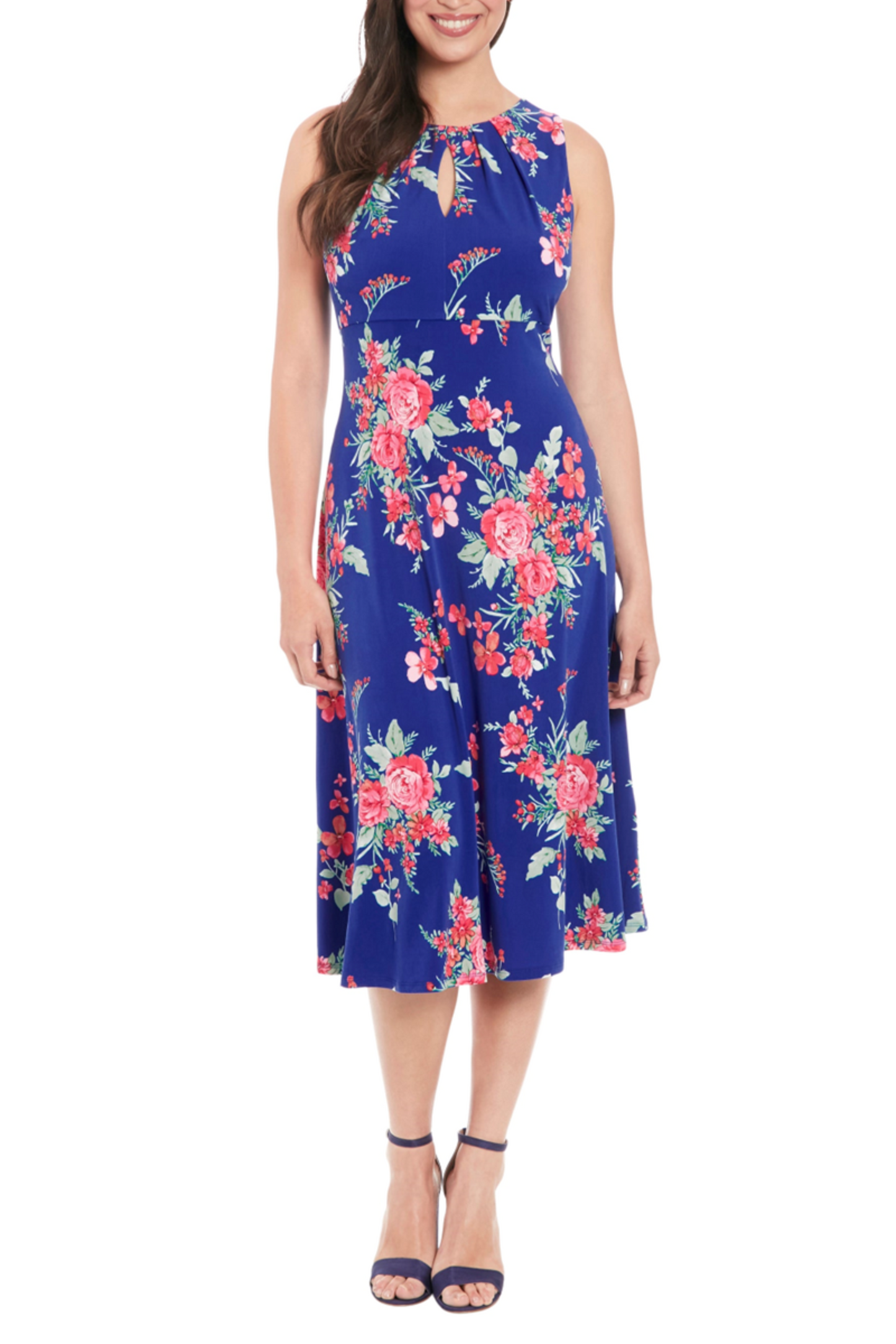 London Times Floral Sleeveless A-Line Midi Dress