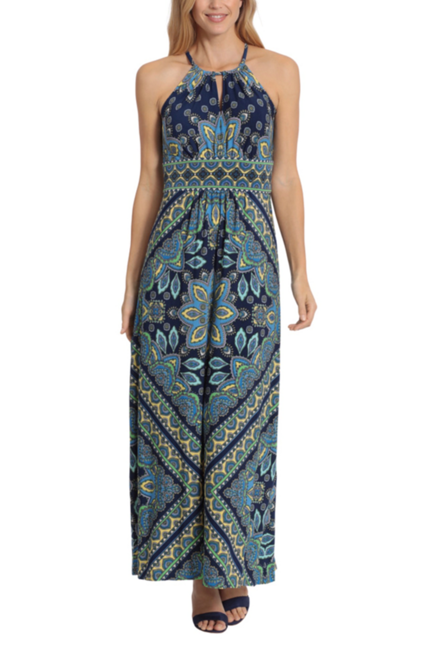 London Times Medallion Print Halter Maxi Dress
