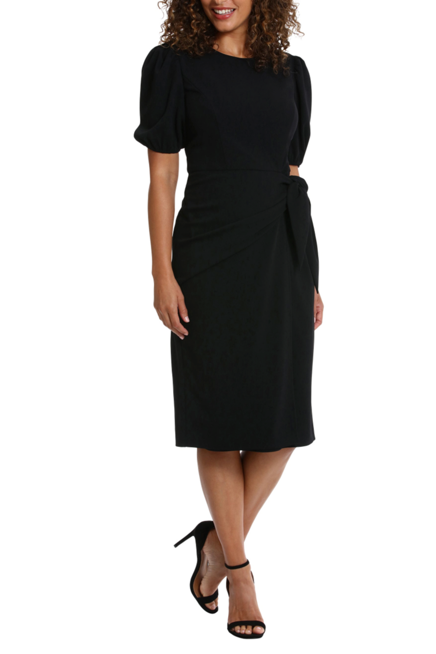 London Times Puff Sleeve Belted Sheath Dress