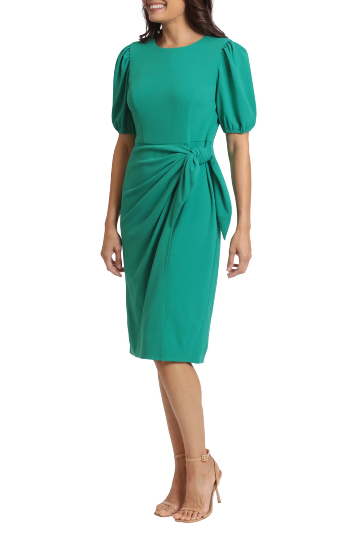 London Times Puff Sleeve Belted Sheath Dress