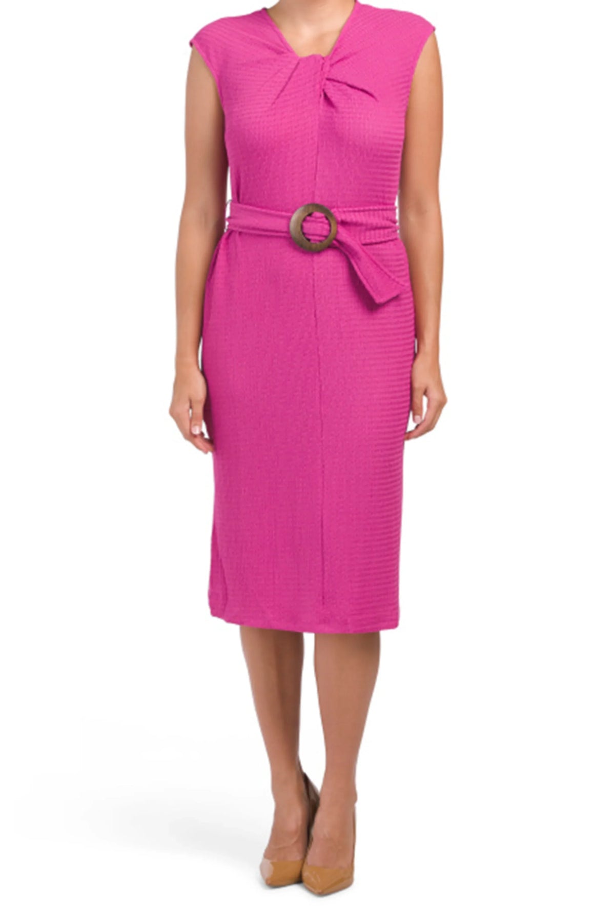 London Times Textured Sleeveless Belted Dress