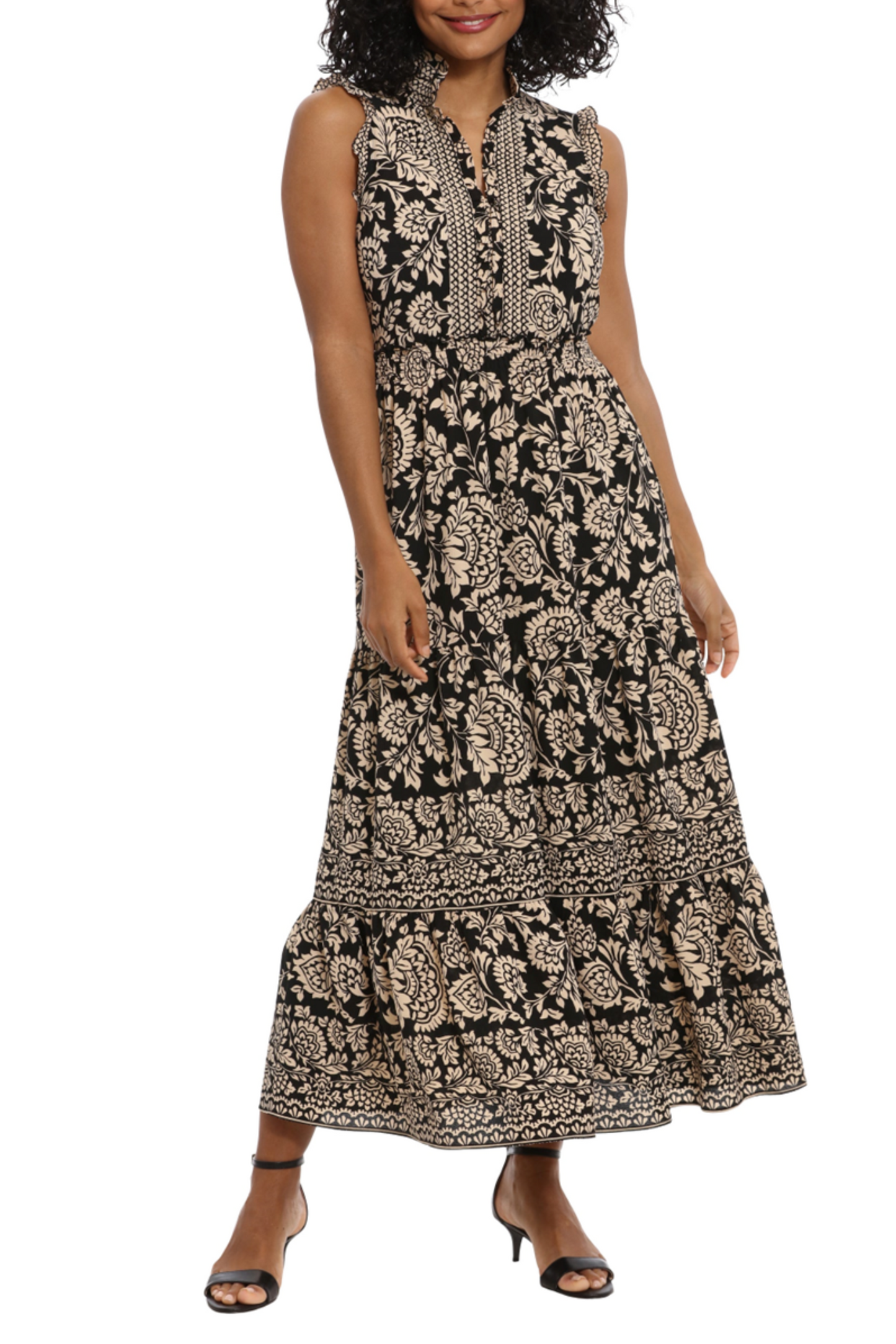 London Times Floral Tiered Sleeveless Maxi Dress