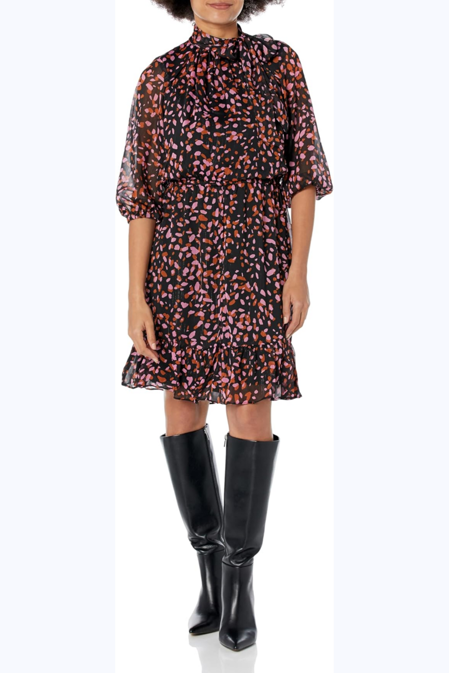 London Times Tie Neck 3/4 Sleeve Blouson Dress