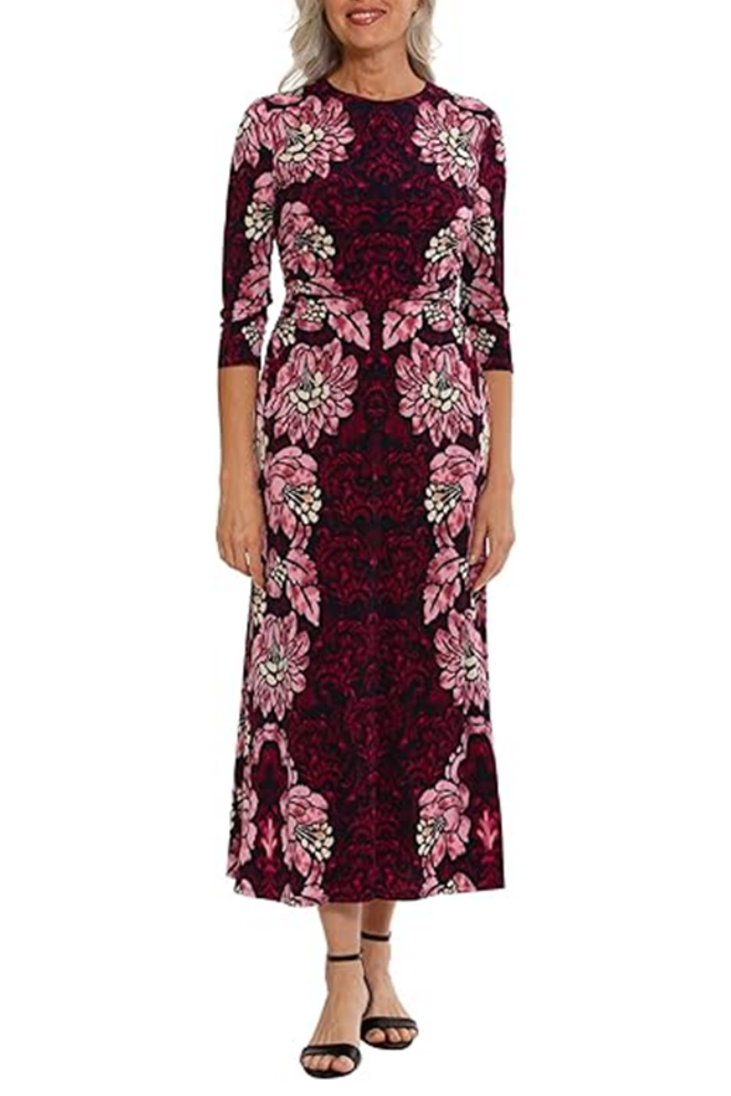 London Times 3/4 Sleeve Printed A-line Maxi Dress
