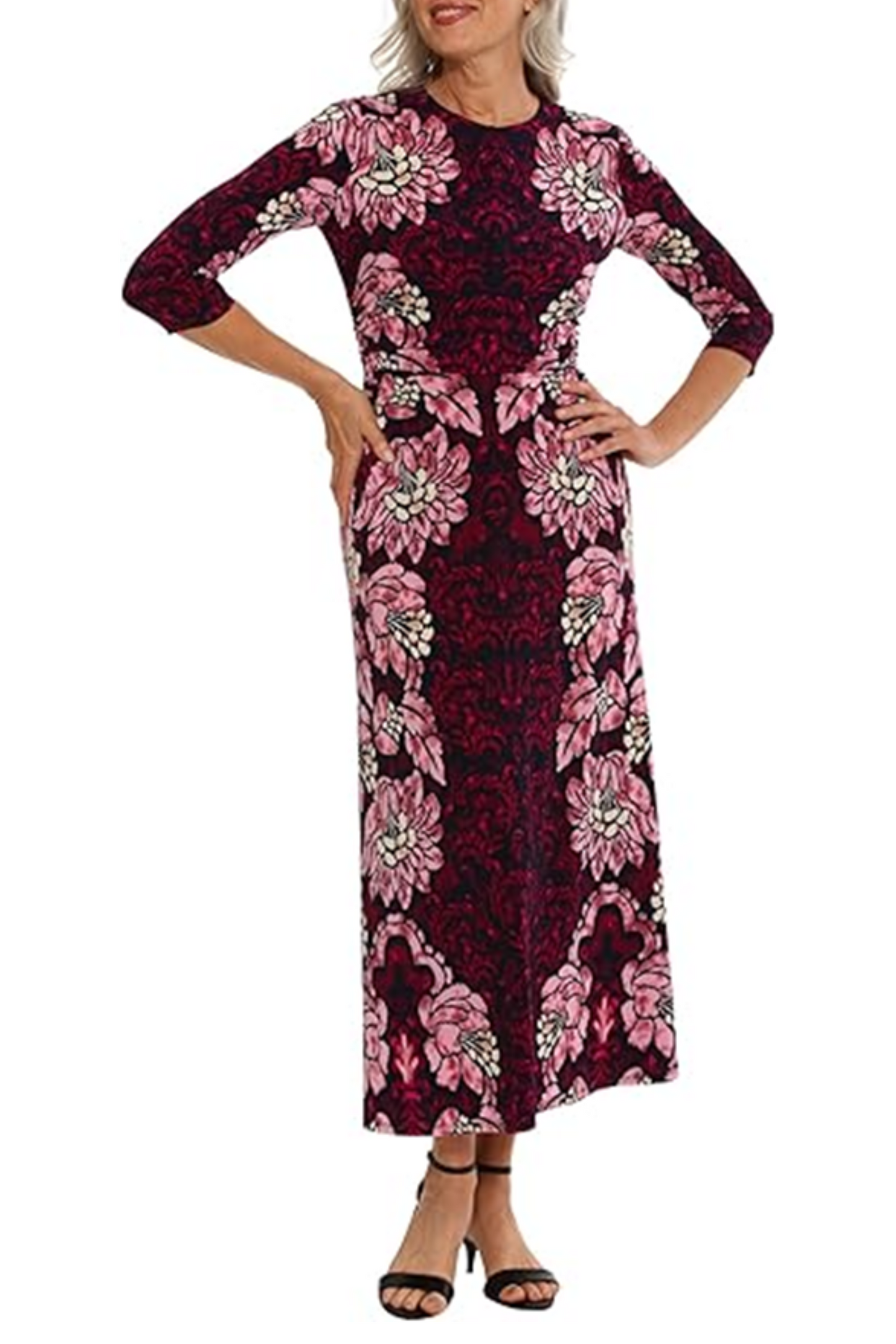 London Times 3/4 Sleeve Printed A-line Maxi Dress