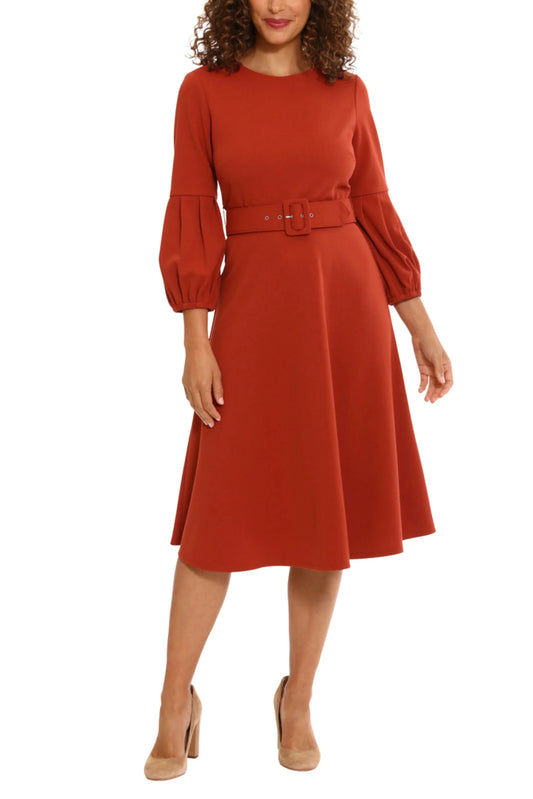 London Times 3/4 Half-Pleated Sleeve Belted Dress