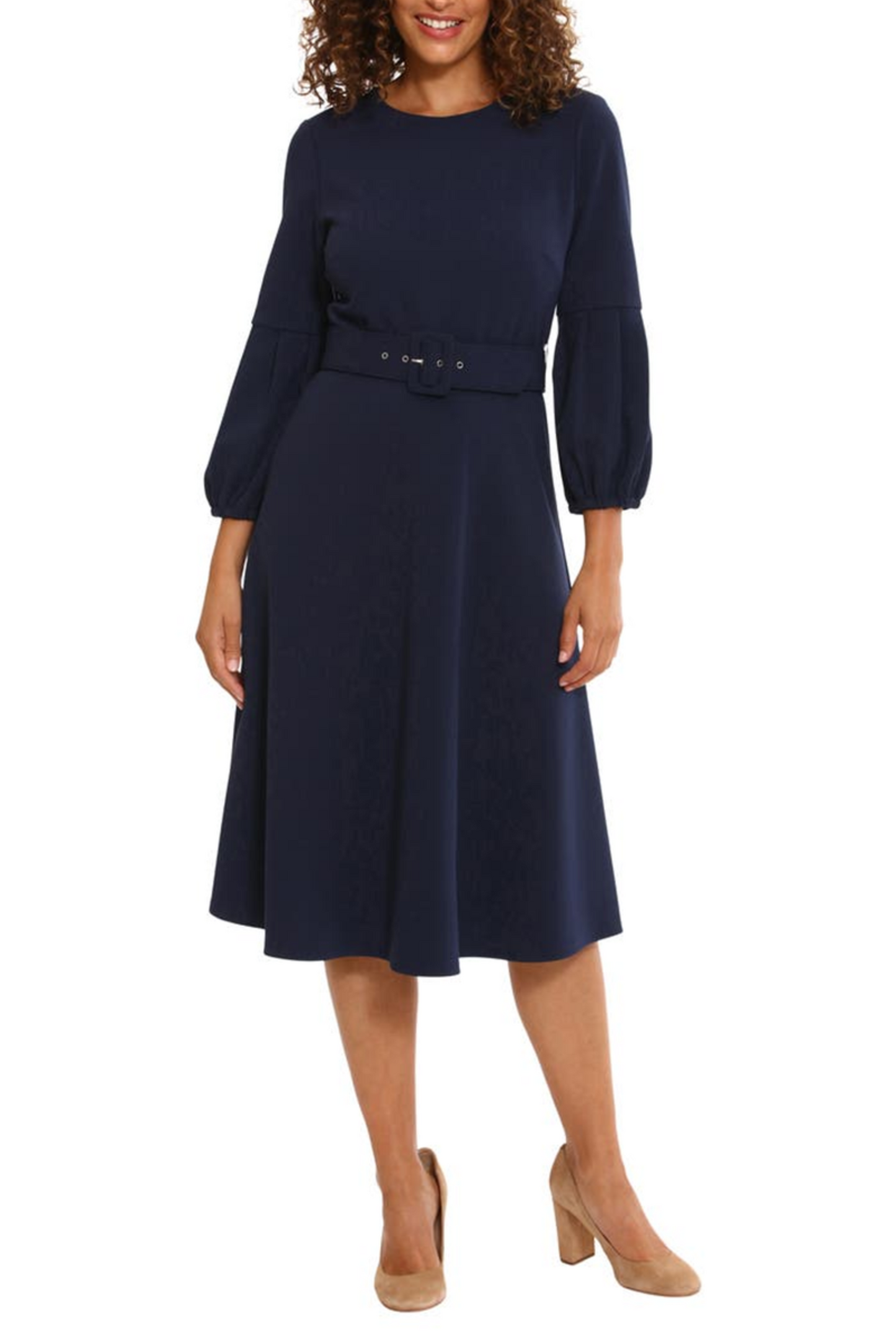 London Times 3/4 Half-Pleated Sleeve Belted Dress