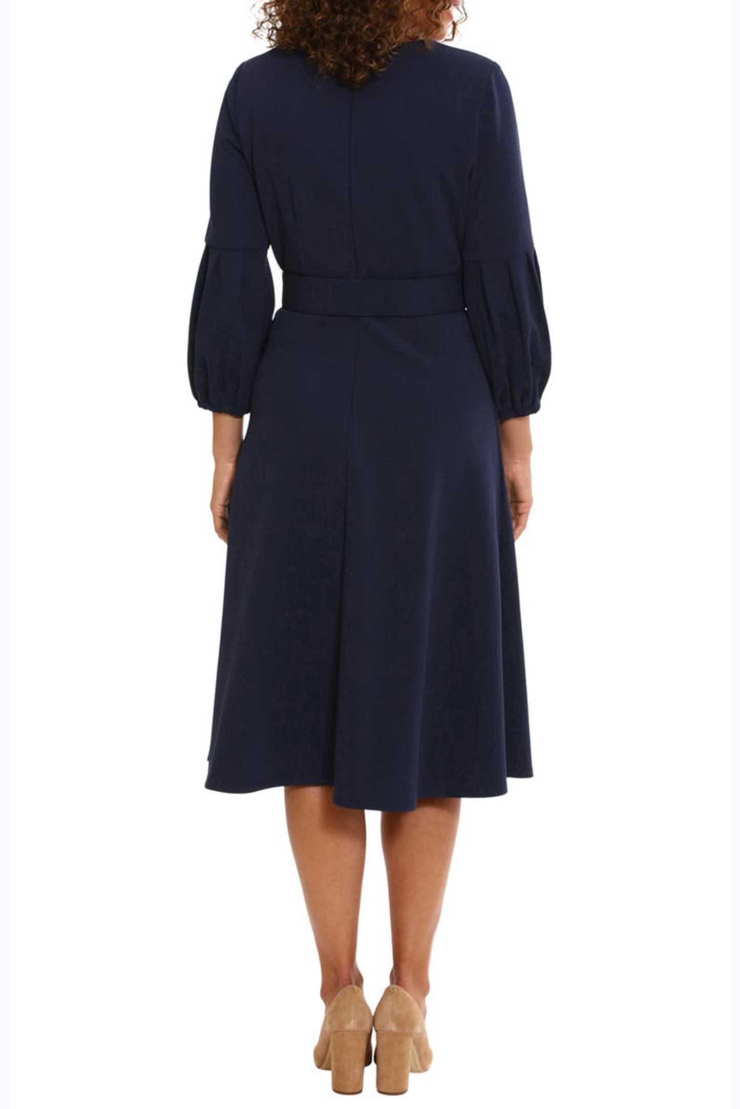London Times 3/4 Half-Pleated Sleeve Belted Dress