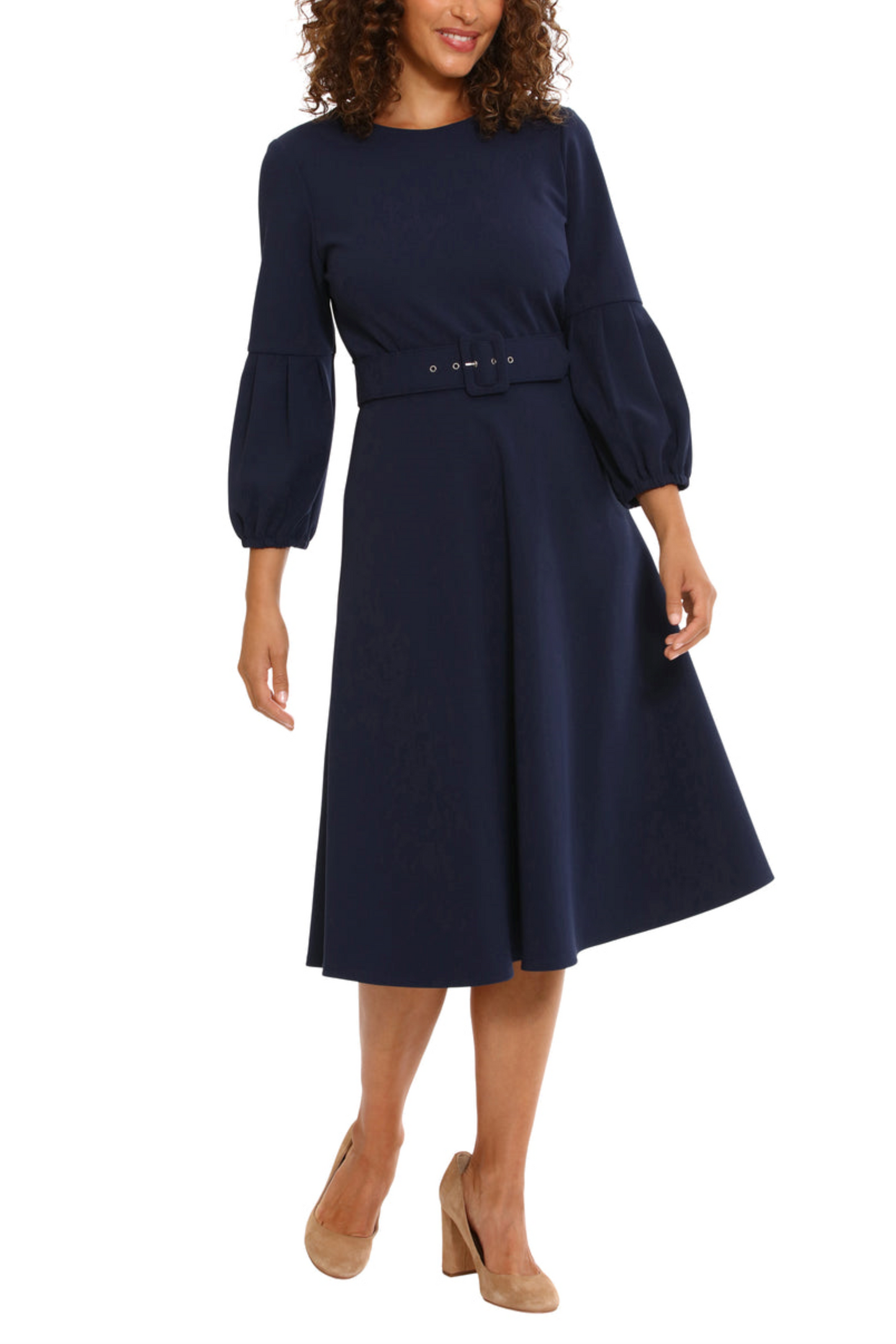 London Times 3/4 Half-Pleated Sleeve Belted Dress