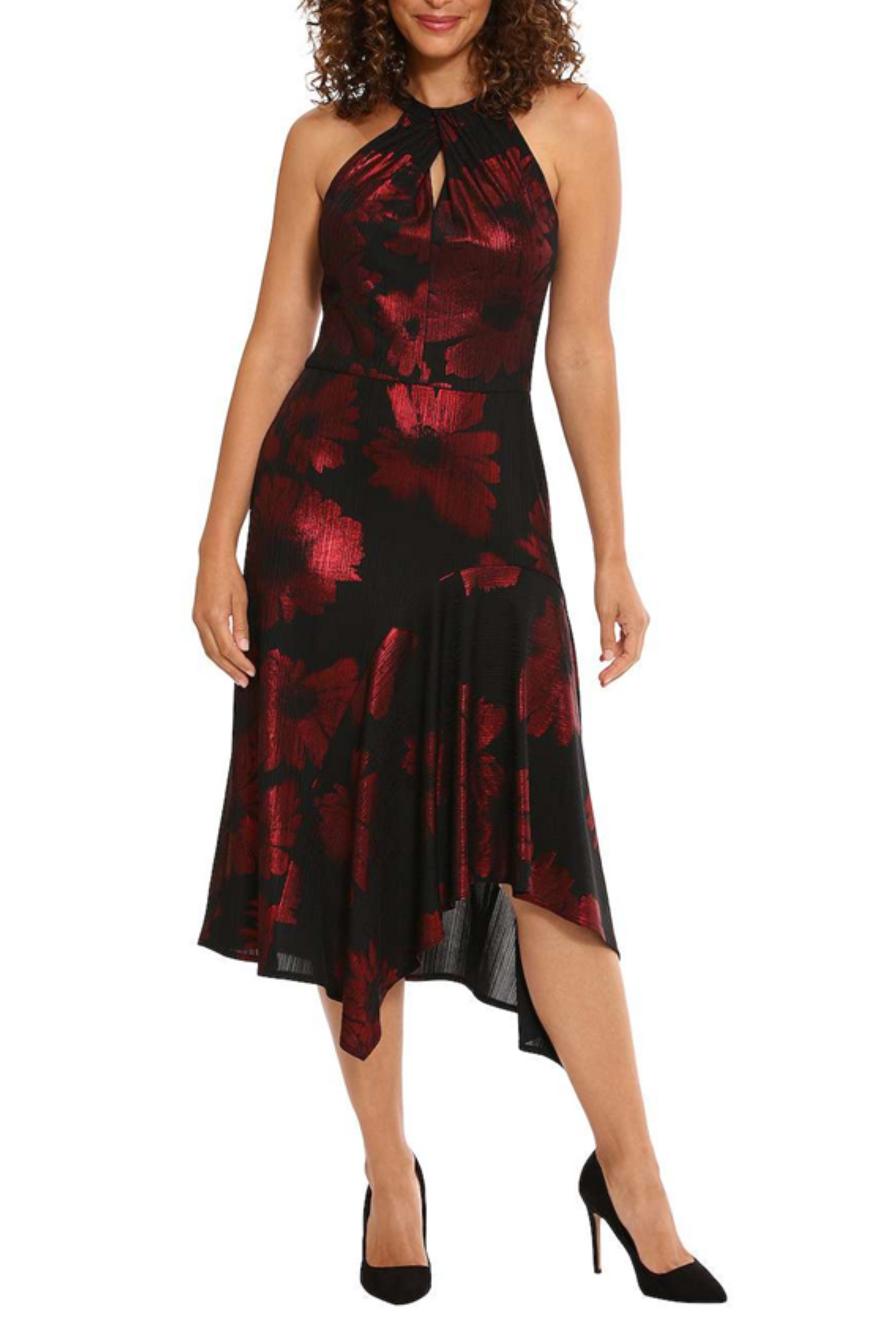 London Times Metallic Halter Asymmetrical Dress