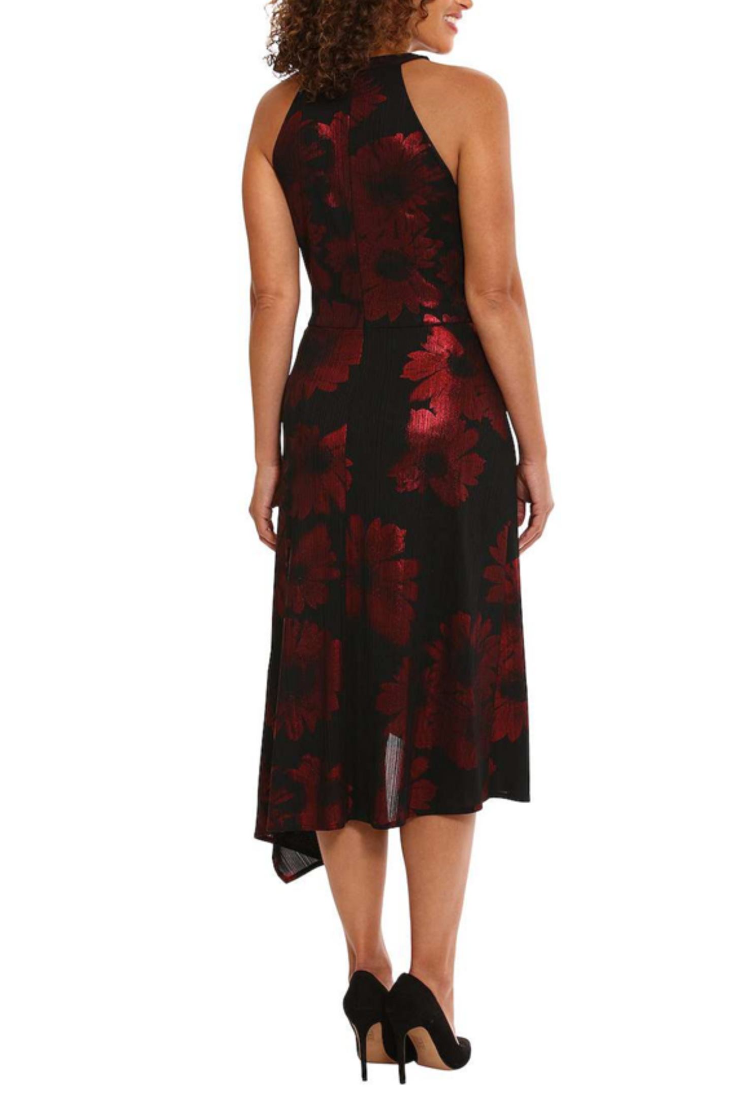 London Times Metallic Halter Asymmetrical Dress