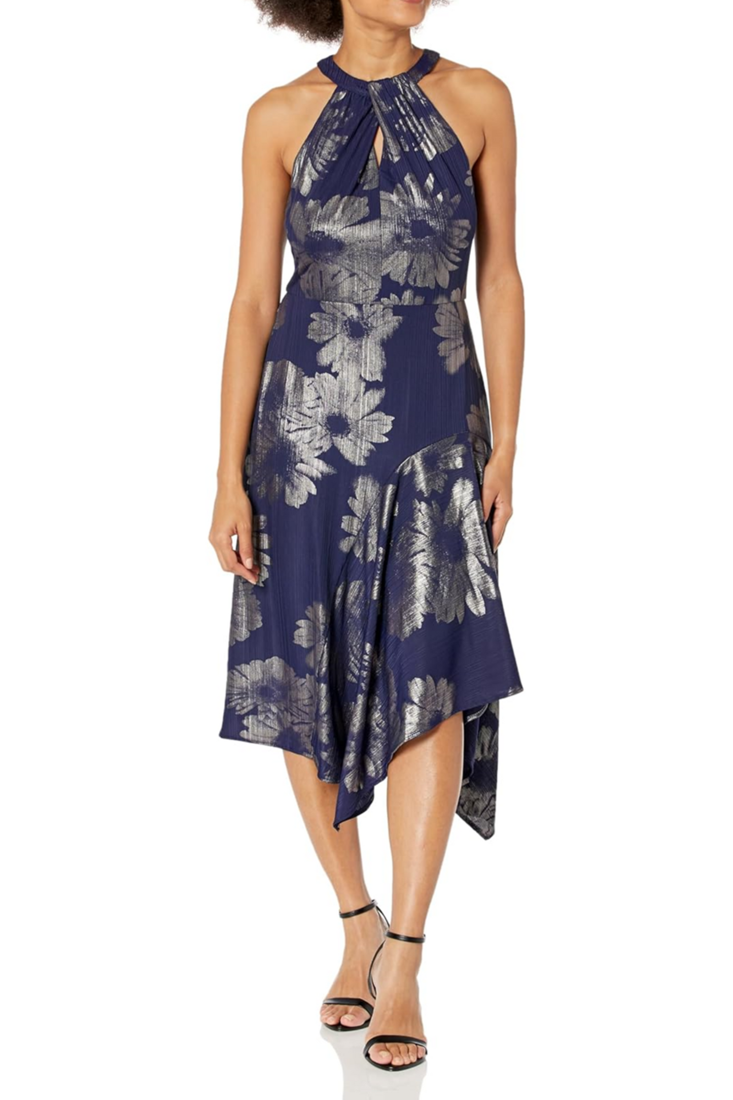 London Times Metallic Halter Asymmetrical Dress