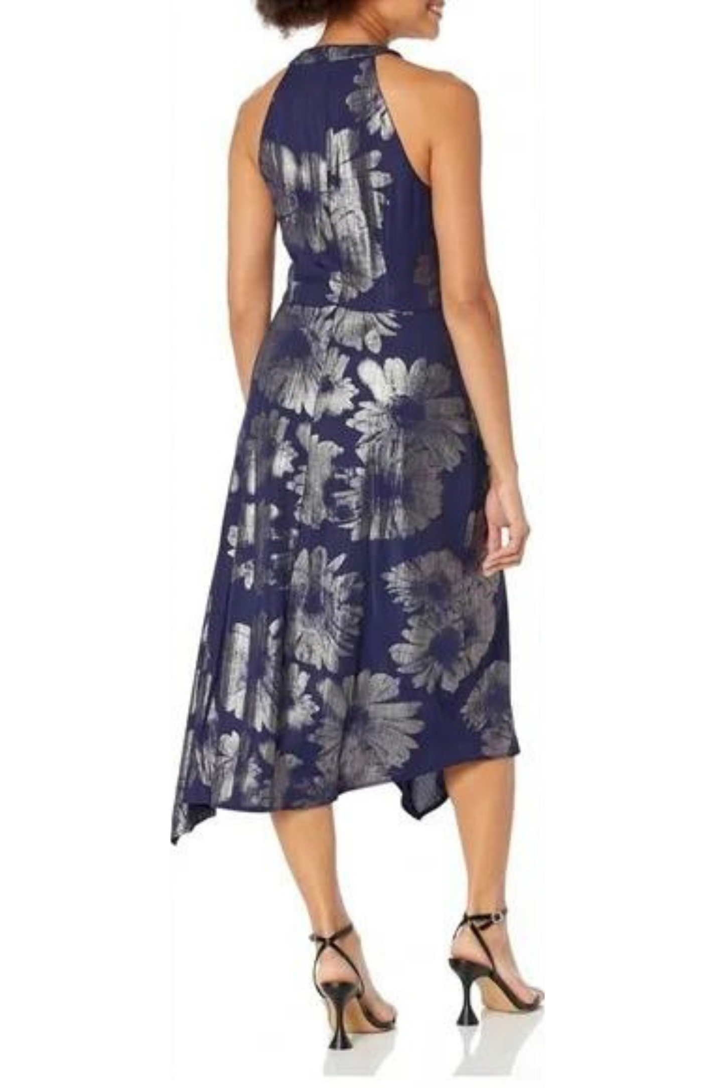 London Times Metallic Halter Asymmetrical Dress