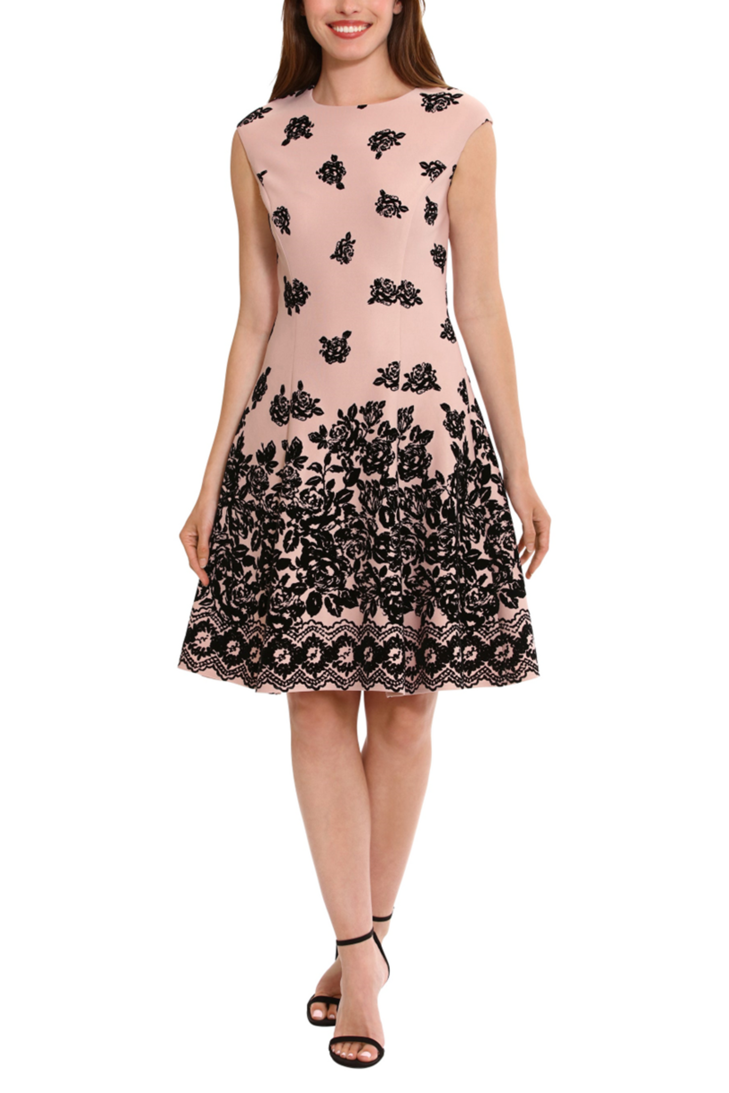 London Times Floral Velvet Cap Sleeve A Line Dress