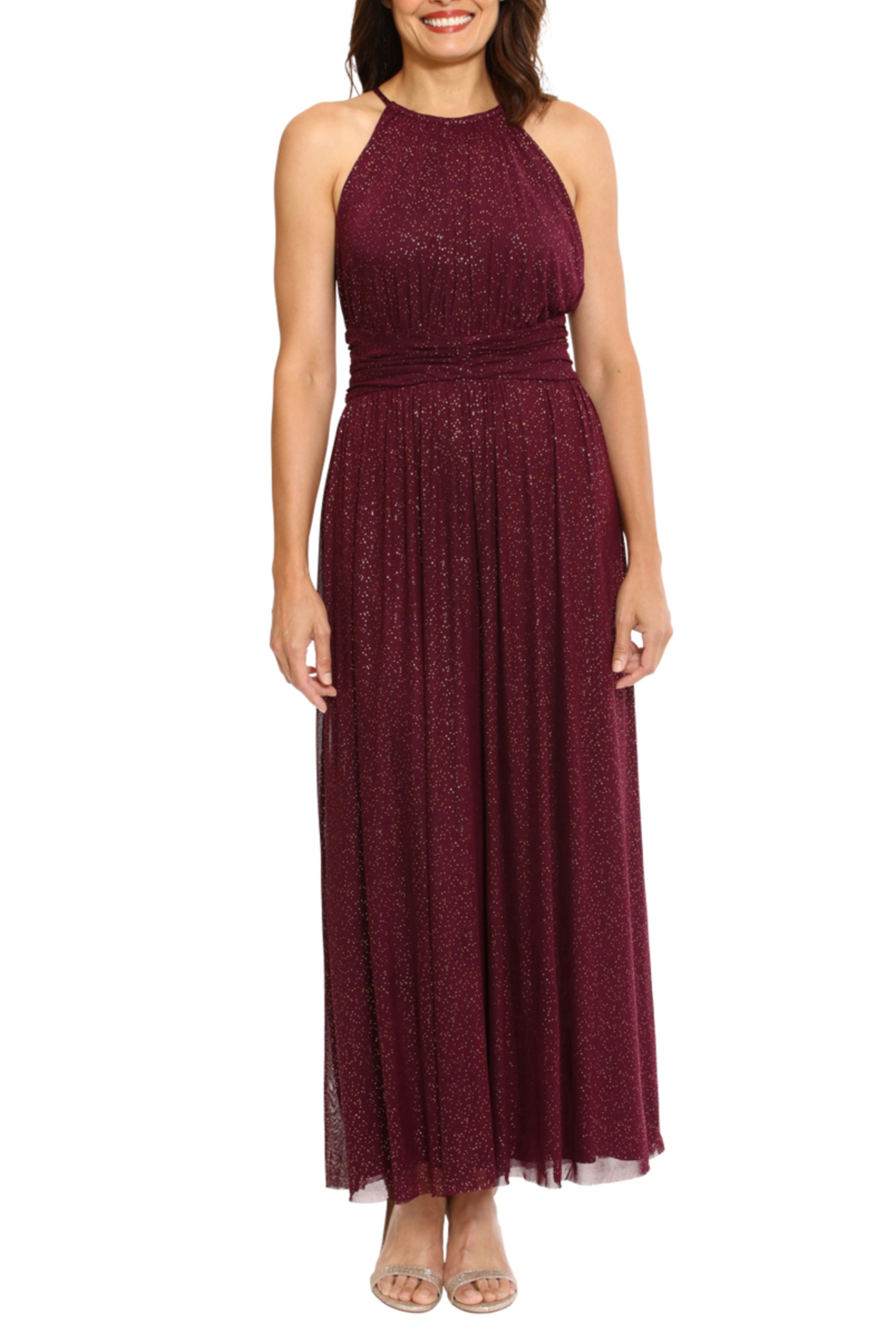 London Times Metallic Dot Print Halter Maxi Dress