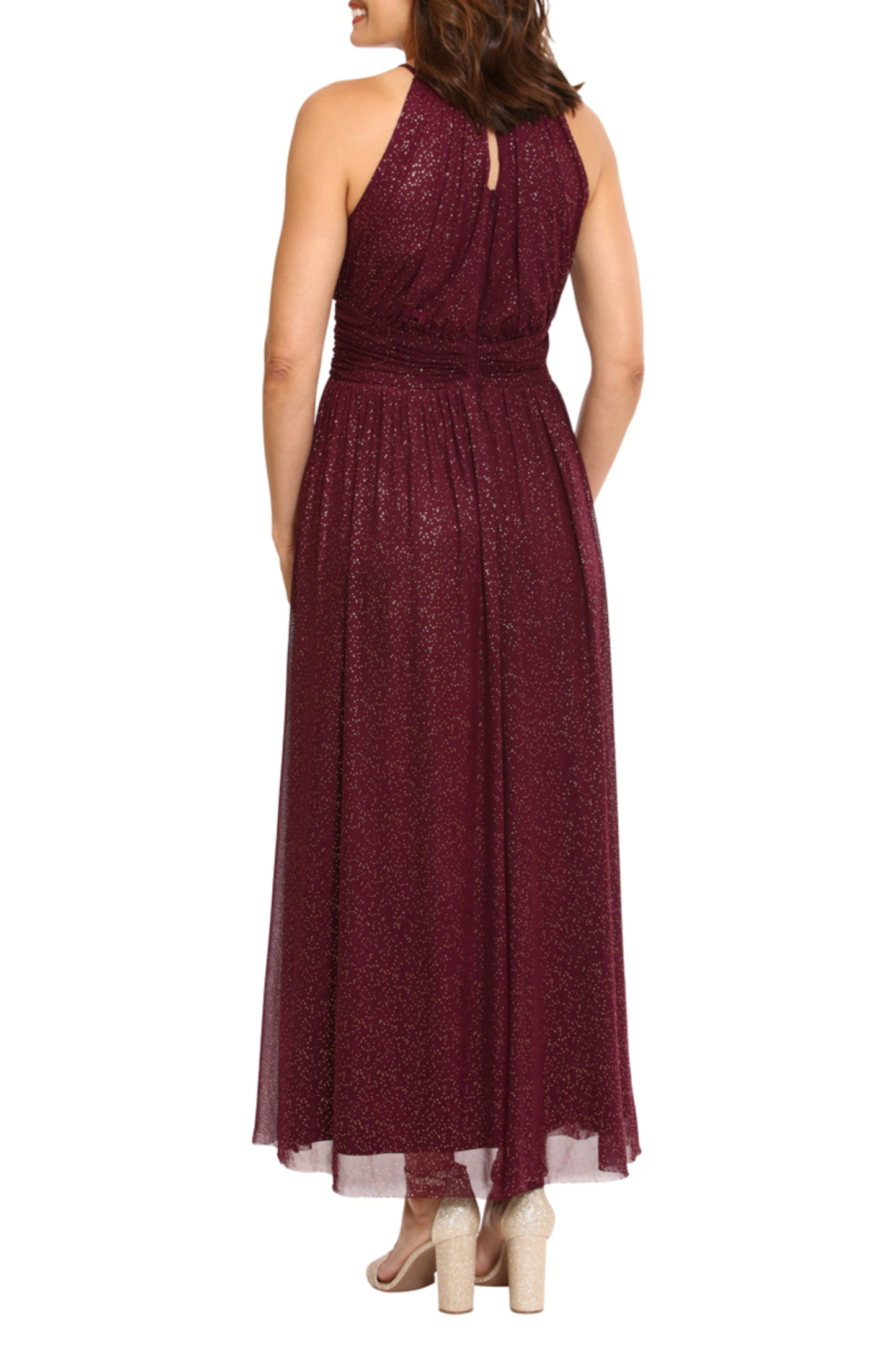 London Times Metallic Dot Print Halter Maxi Dress