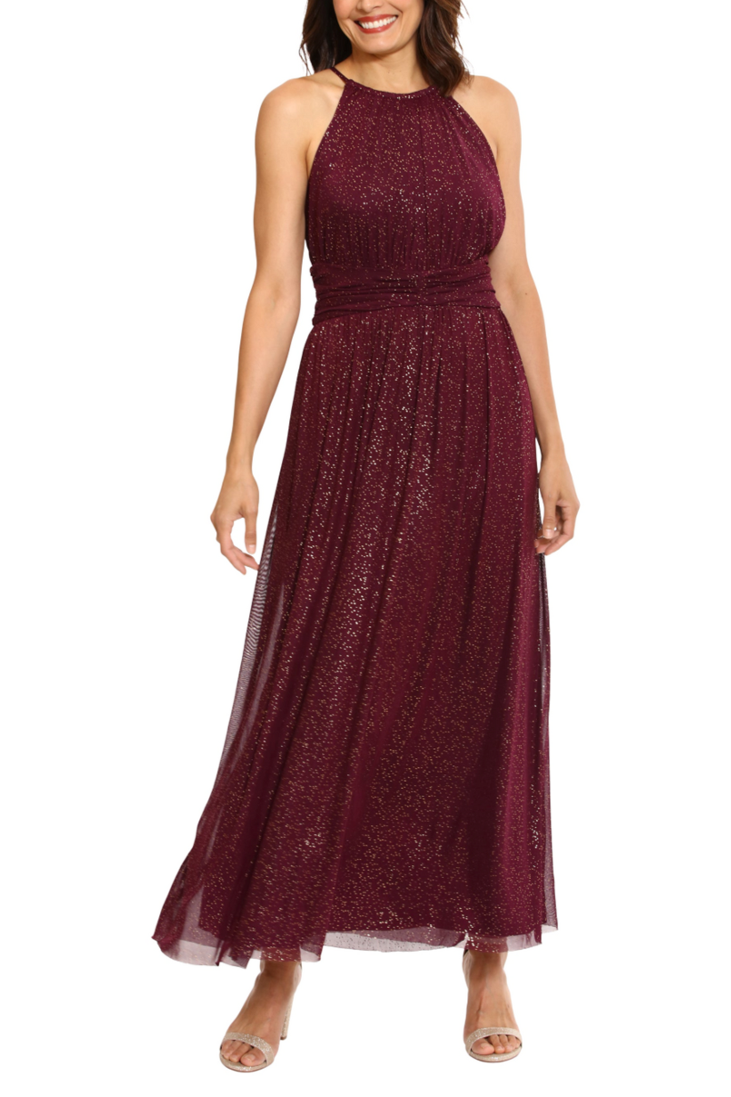 London Times Metallic Dot Print Halter Maxi Dress