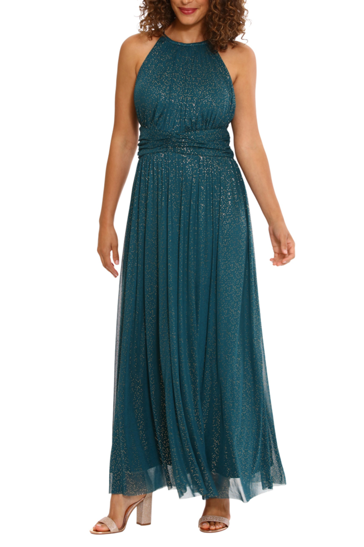 London Times Metallic Dot Print Halter Maxi Dress