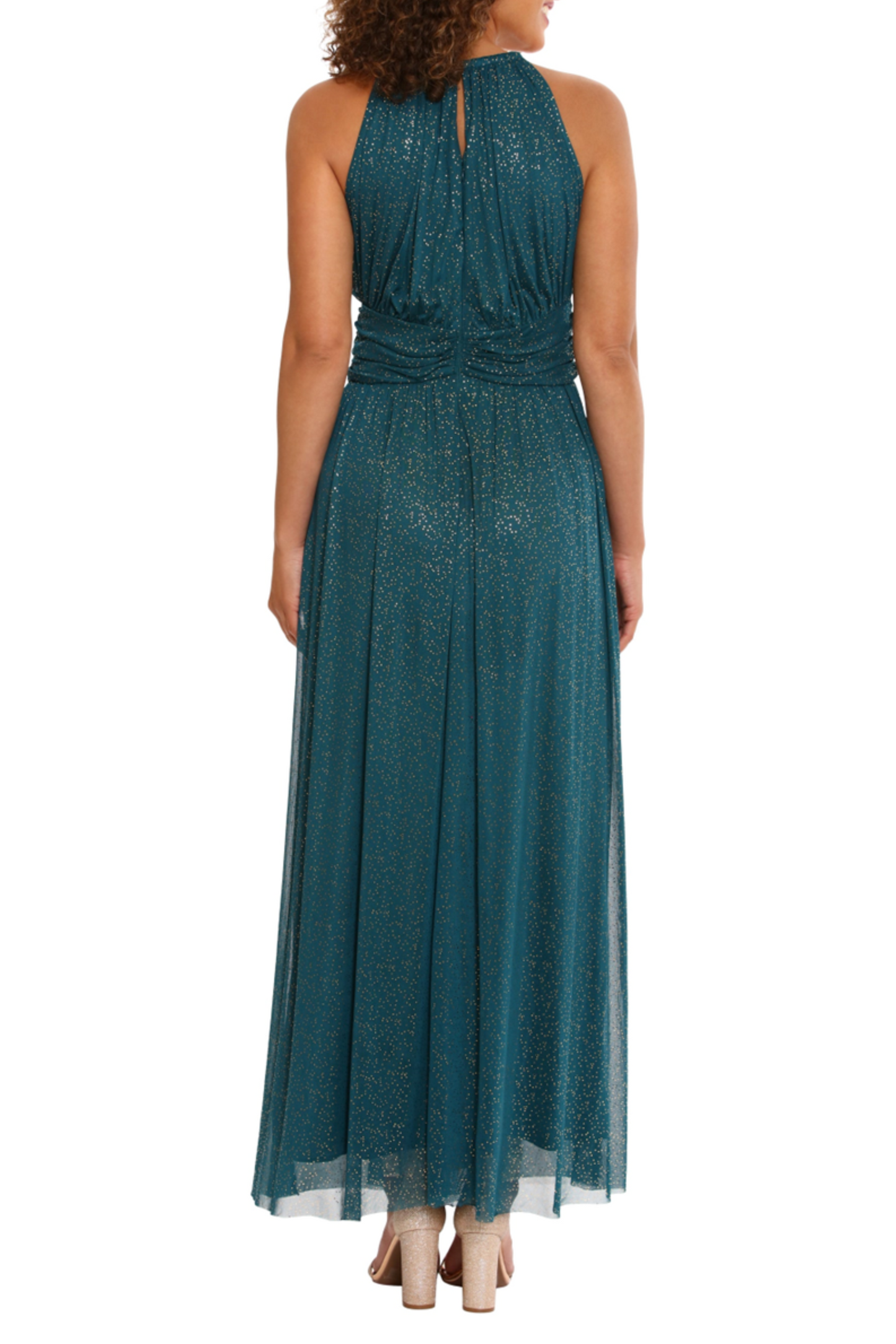 London Times Metallic Dot Print Halter Maxi Dress