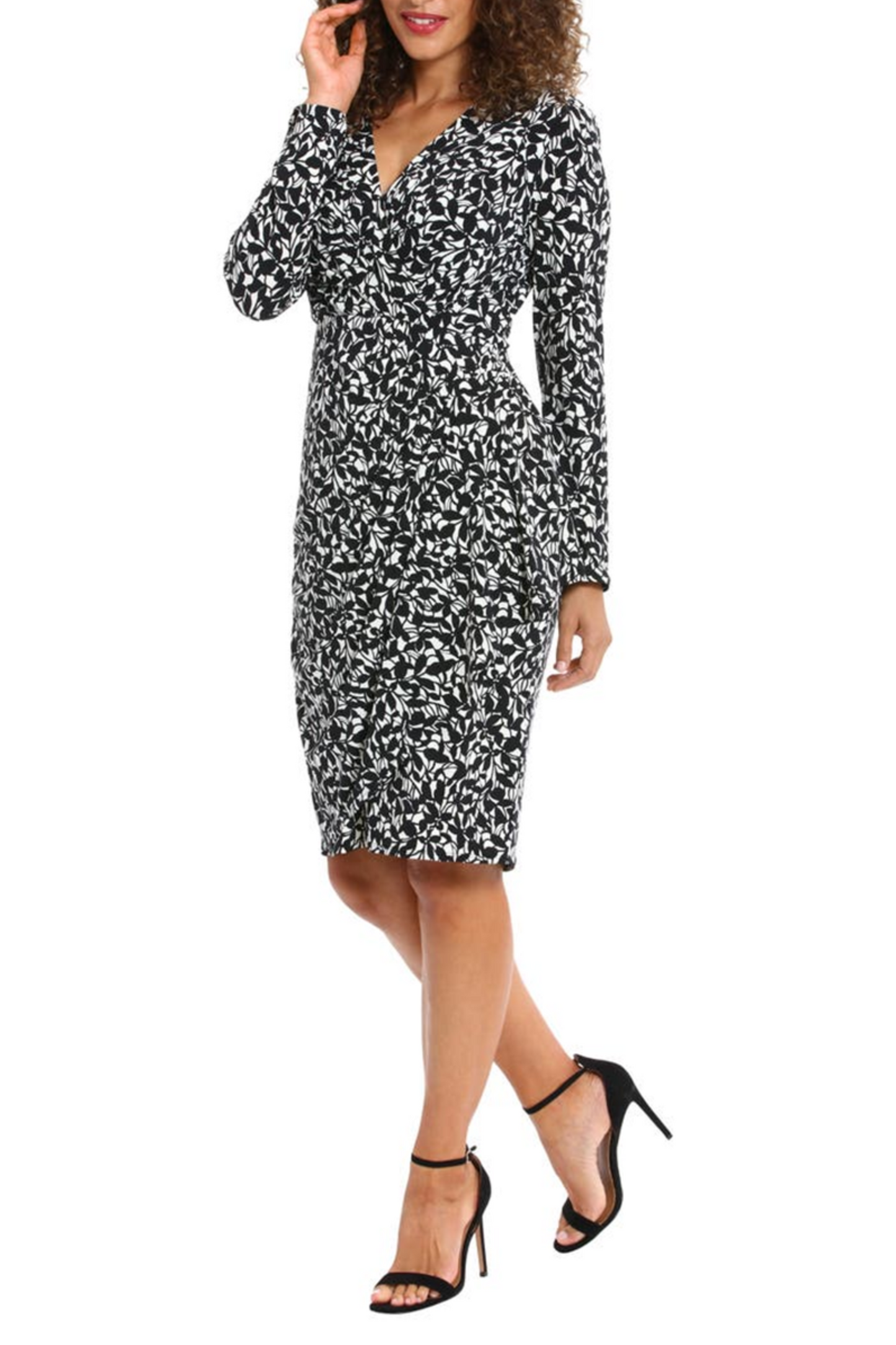 London Times Long Sleeve Floral Faux Wrap Dress