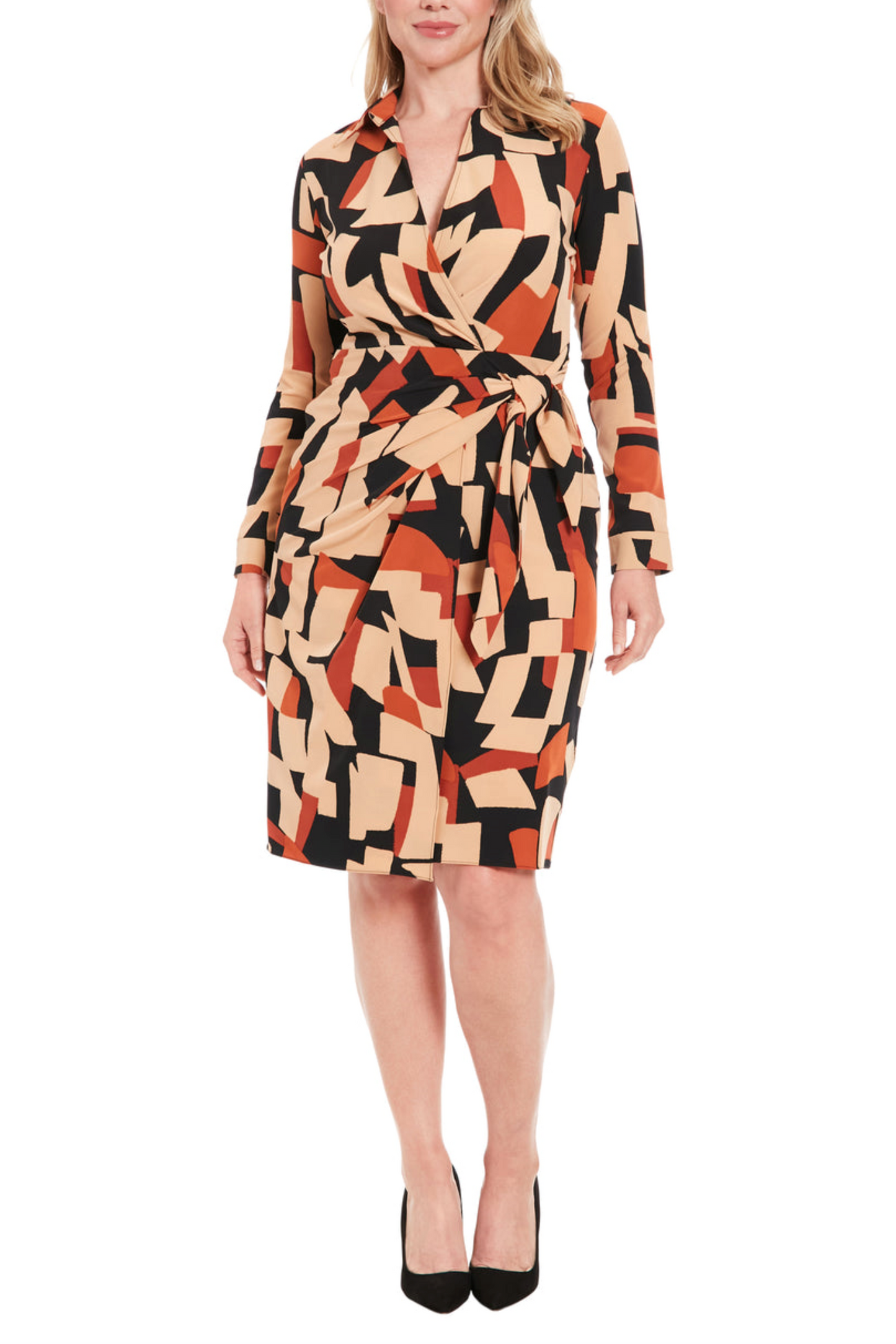 London Times Long Sleeve Geo Print Wrap Dress