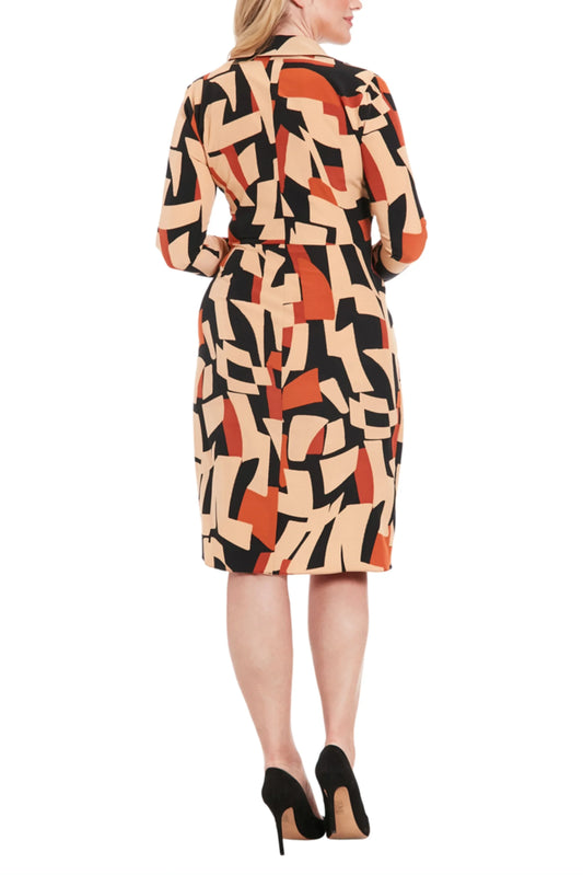 London Times Long Sleeve Geo Print Wrap Dress