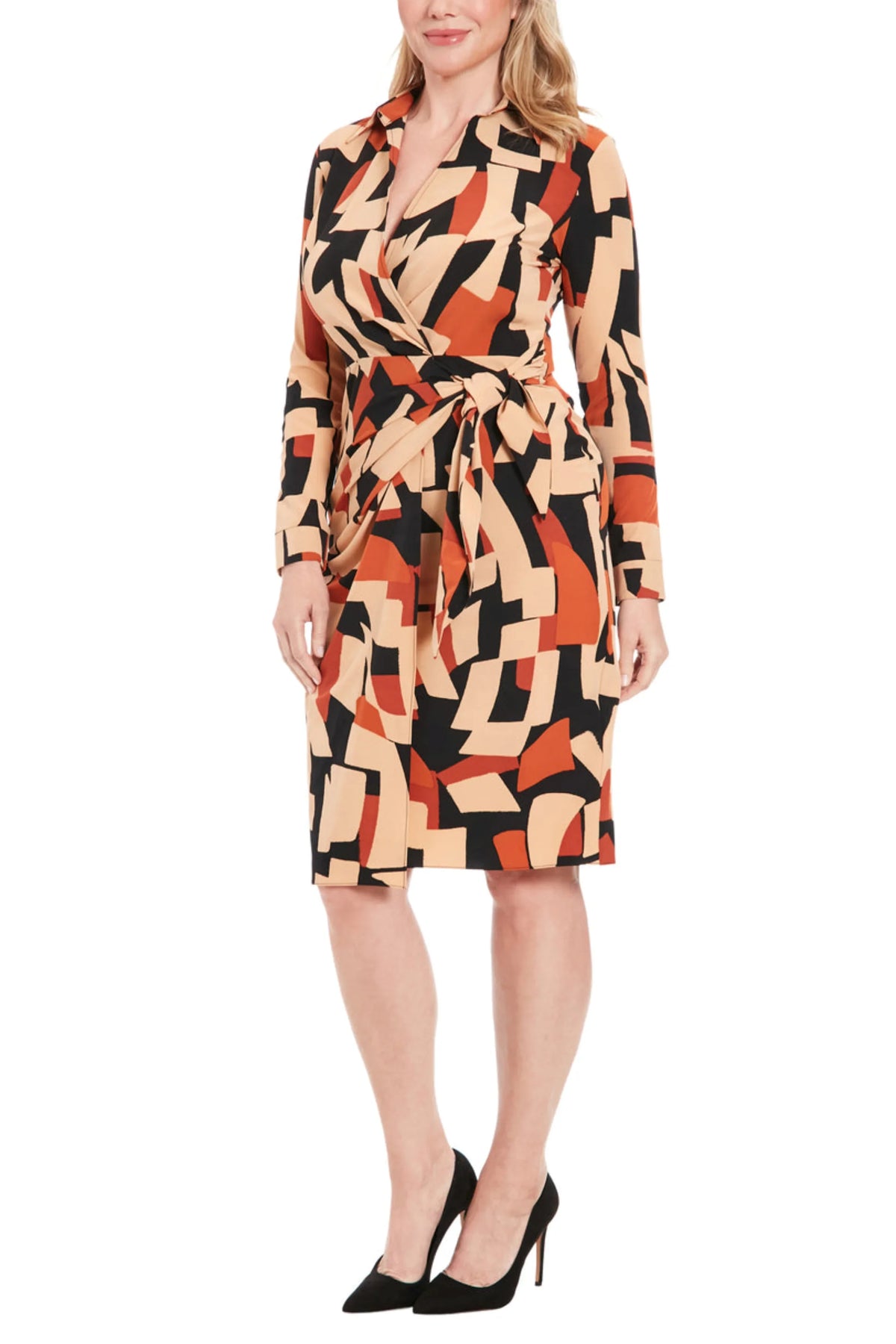 London Times Long Sleeve Geo Print Wrap Dress