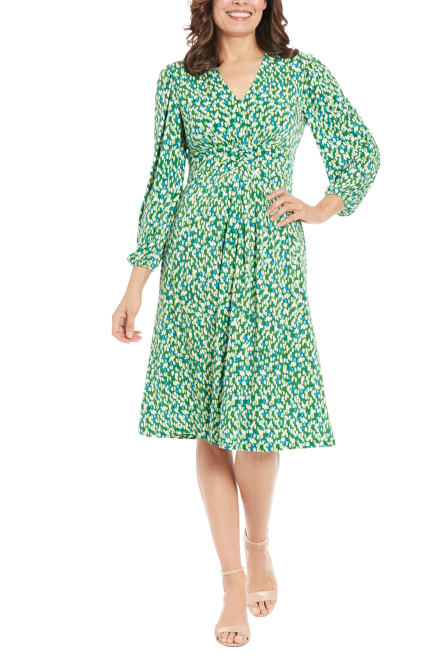 London Times Long Sleeve A-Line V-Neck Dress