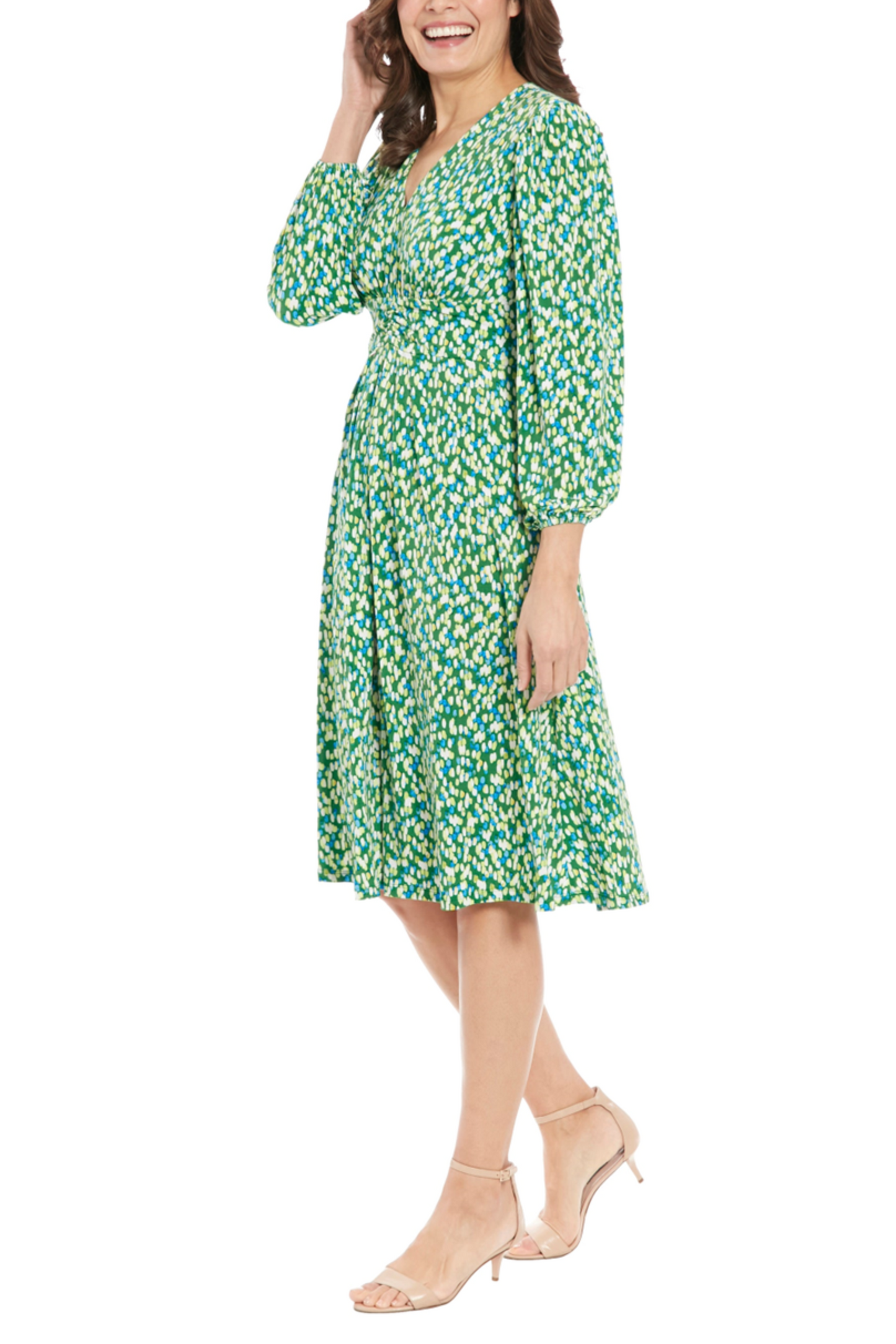 London Times Long Sleeve A-Line V-Neck Dress