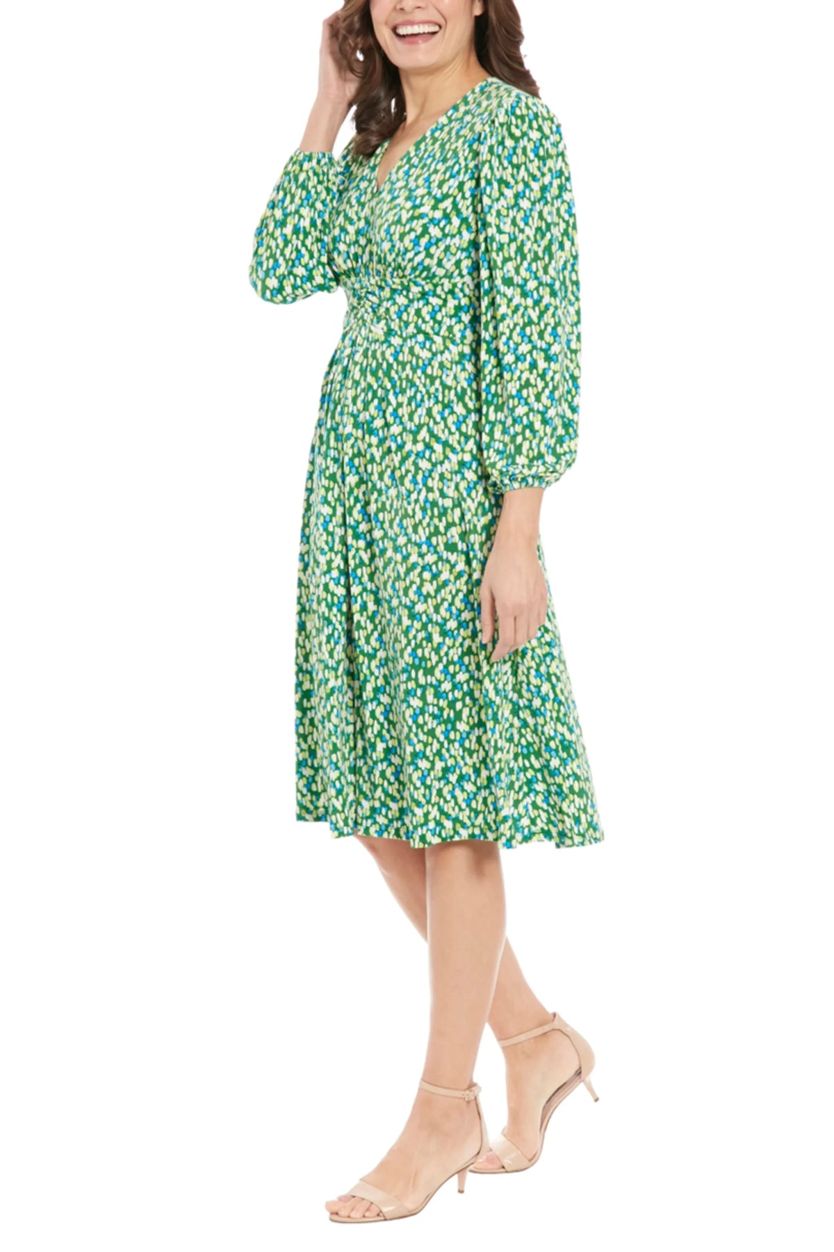 London Times Long Sleeve A-Line V-Neck Dress