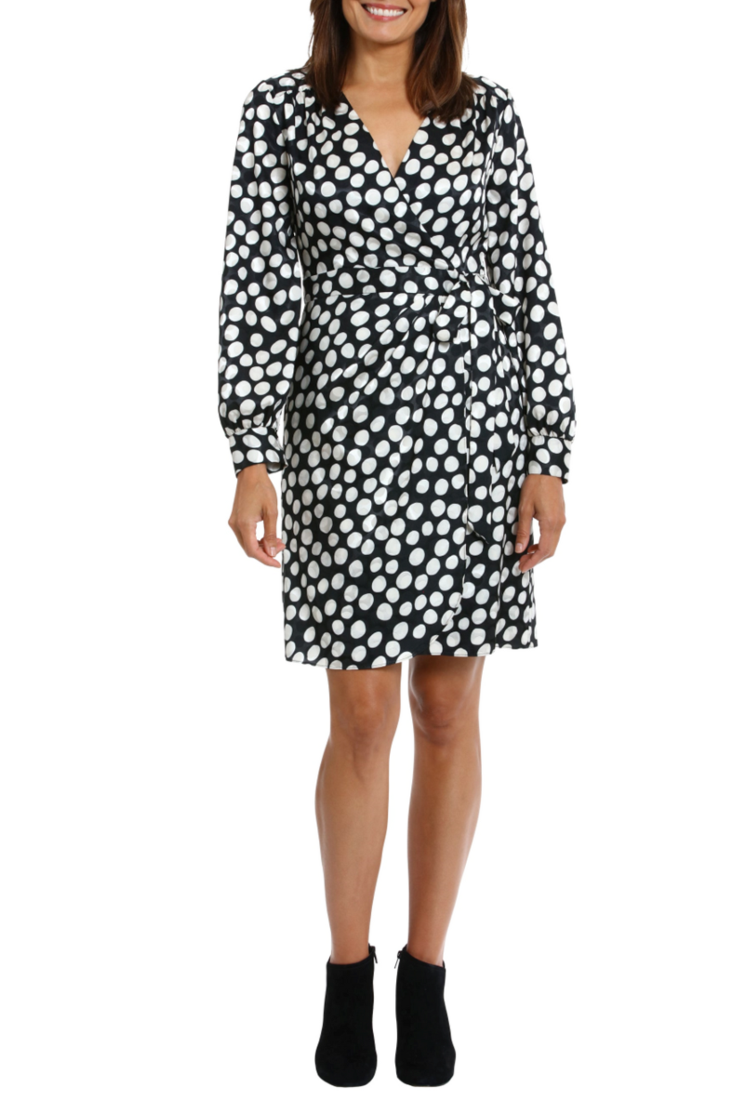 London Times Polka Dot Long Sleeve Faux Wrap Dress