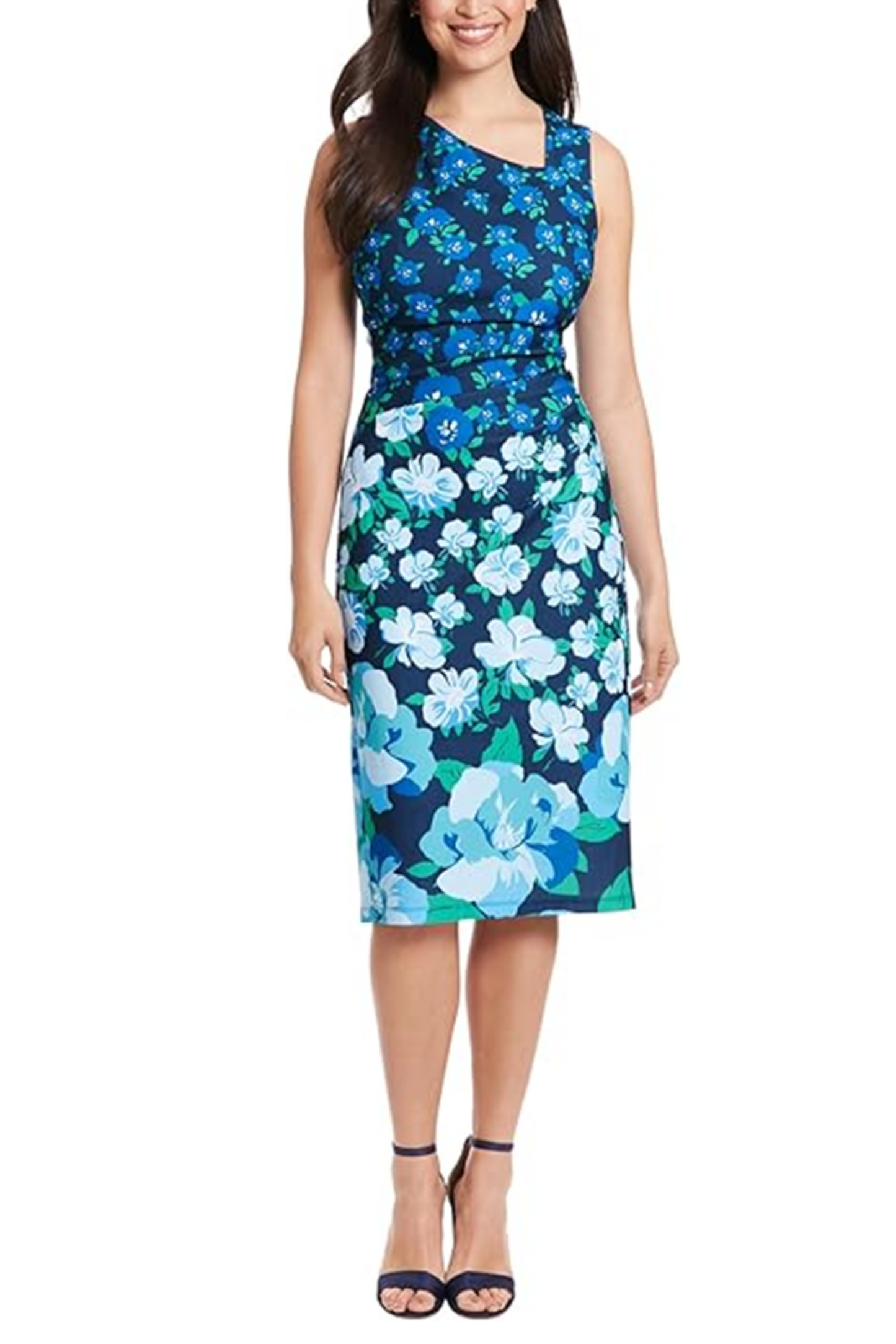 London Times Sleeveless Asymmetrical Neck Dress