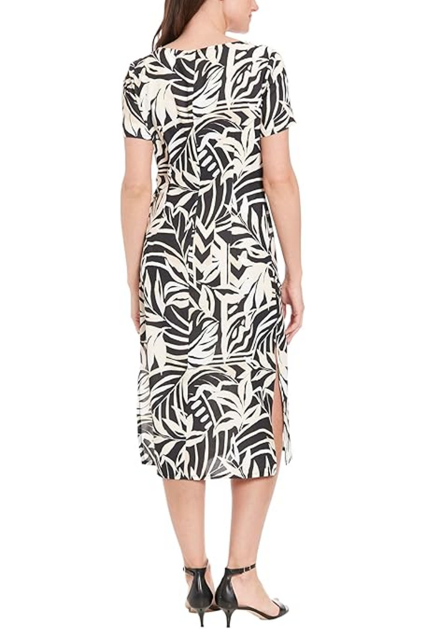 London Times Short Sleeve Leaf Print Midi Dress