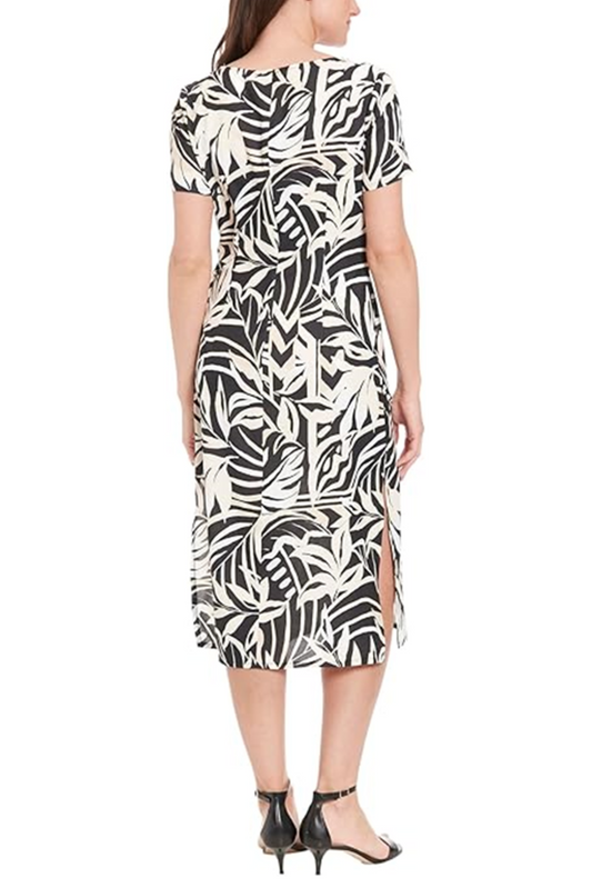 London Times Short Sleeve Leaf Print Midi Dress