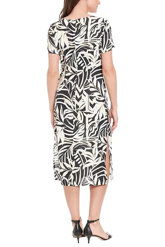 London Times Short Sleeve Leaf Print Midi Dress