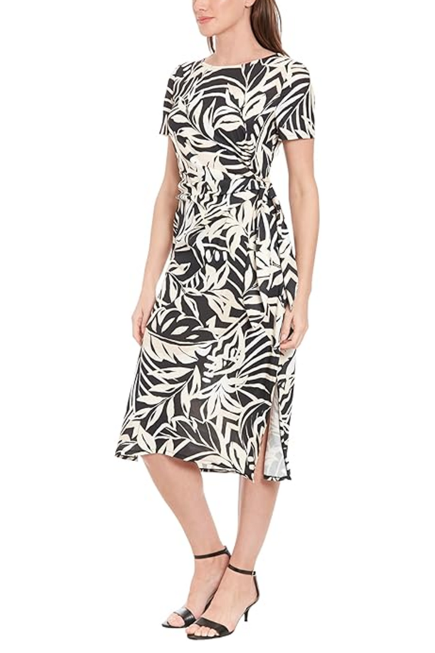 London Times Short Sleeve Leaf Print Midi Dress
