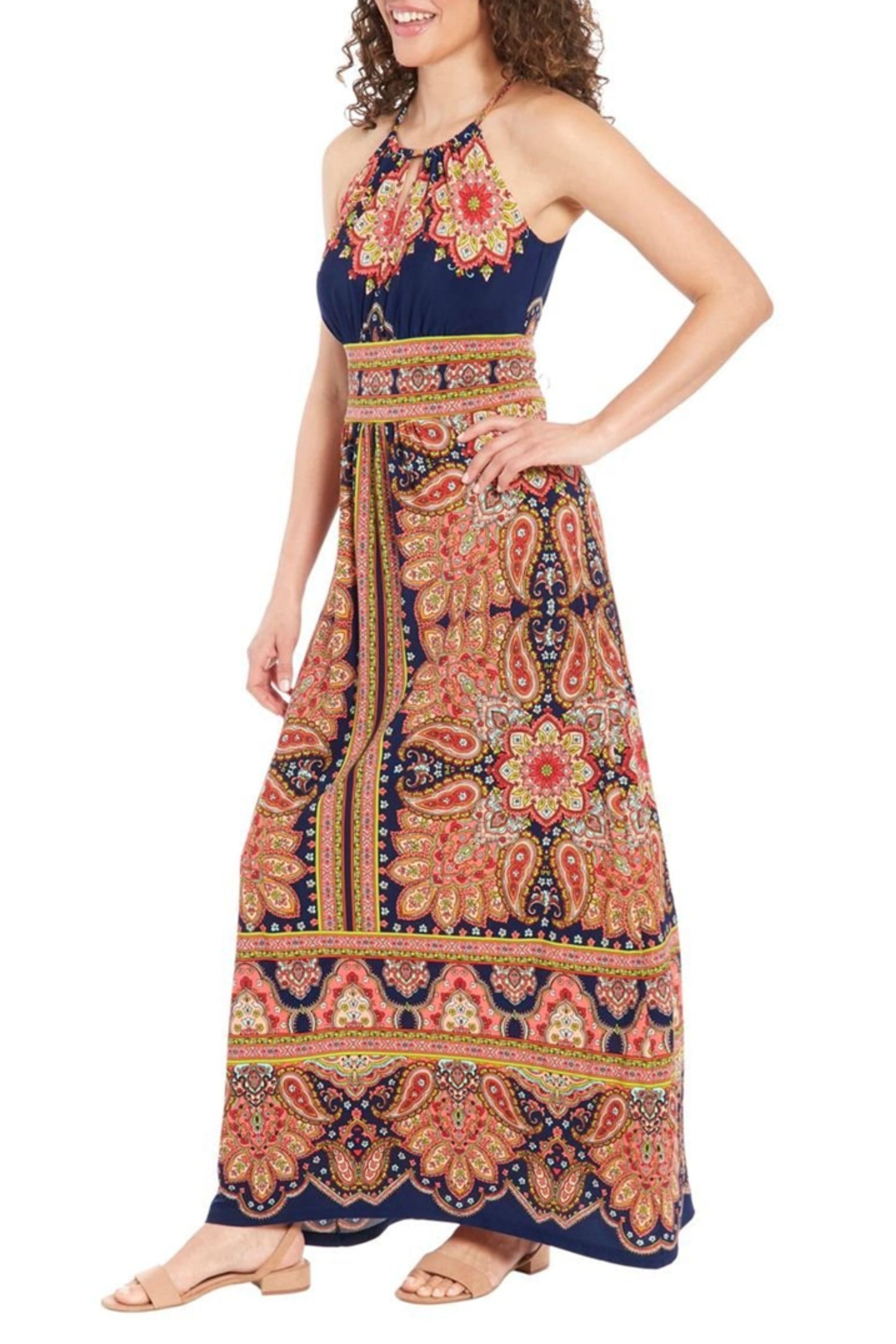 London Times Halter Neck Medallion Maxi Dress