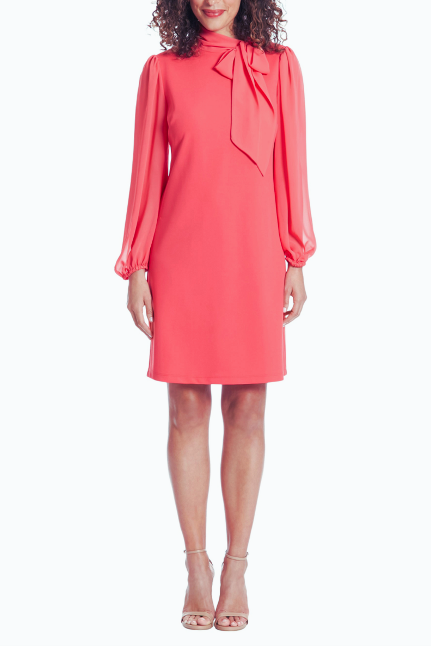 London Times Long Sleeve Tie-Neck Shift Dress