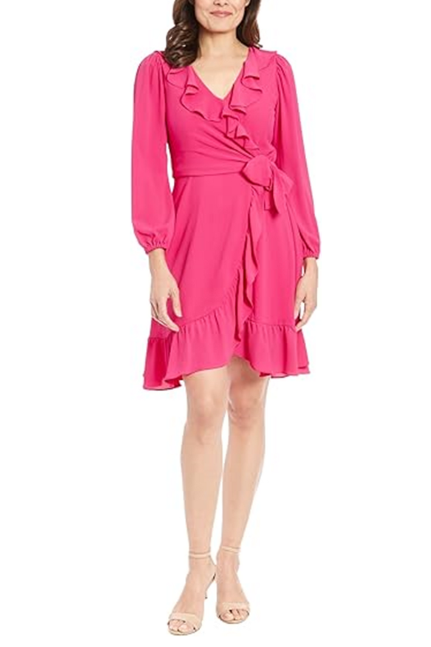 London Times Long Sleeve Tie Waist Ruffle Dress