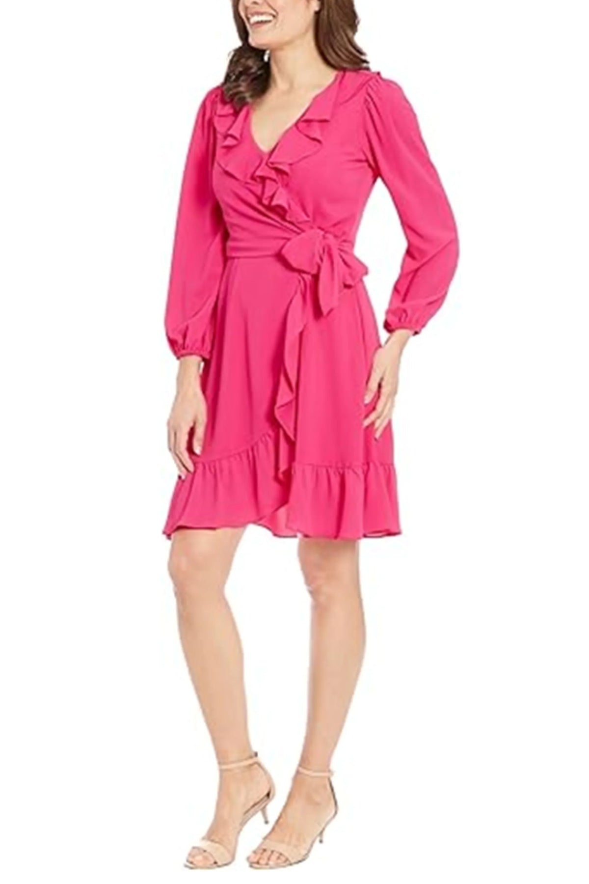 London Times Long Sleeve Tie Waist Ruffle Dress