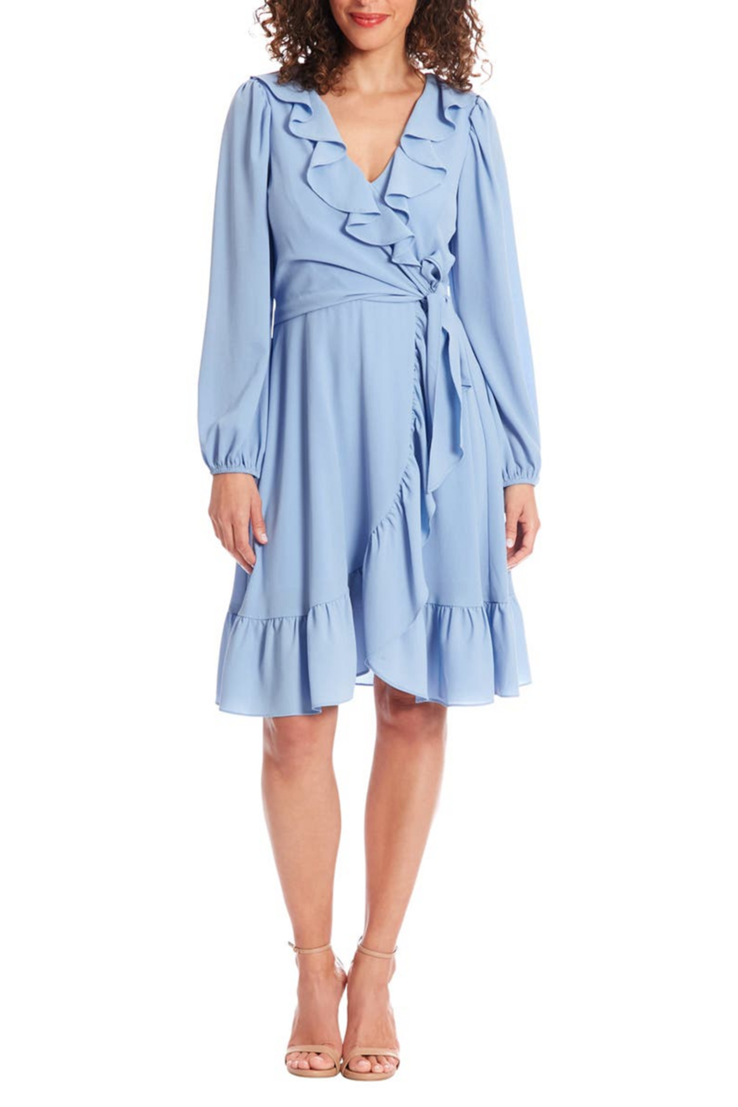 London Times Long Sleeve Tie Waist Ruffle Dress