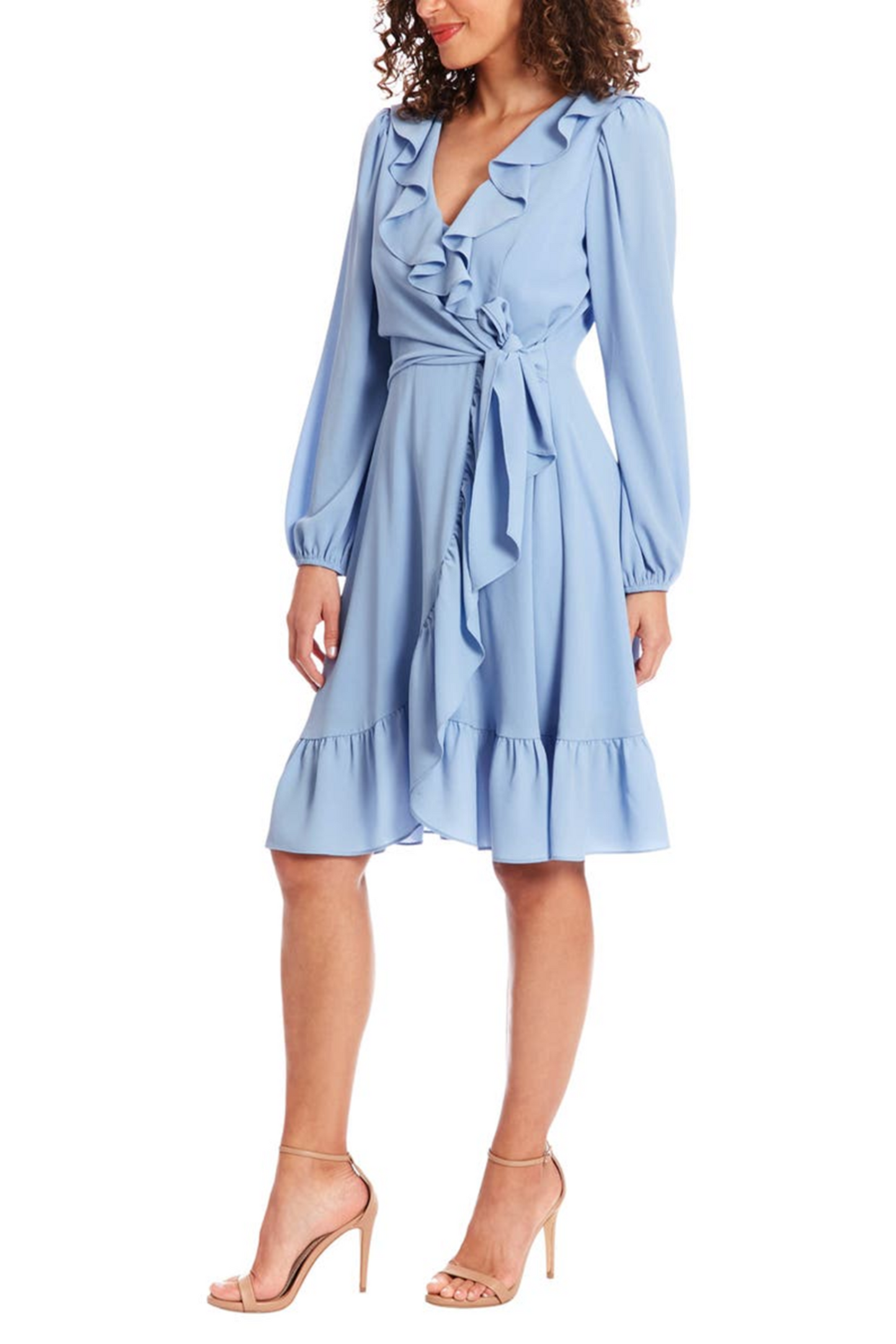 London Times Long Sleeve Tie Waist Ruffle Dress